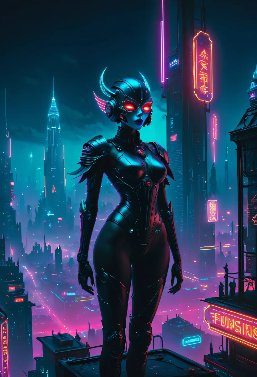 Meniscus,epic fantasy digital art style, and Mumford Tom Bagshaw.., dark fantasy style art, Epic fantasy art style,, dark fantasy art style, Epic fantasy art style HD, dark fantasy digital art,"artistic image type: {Perched on cybernetics, Investigate the vast cyber city below. masks, Incorporate neon lights, Compare her tech-enhanced body, Embedded LEDs and retractable technology weapons shine. In a striking pose, seems ready for action, A fusion of ancient legends and visions of the future}, Excellent location,Features city views, (Vibrant neon lights:1.5), (digitial painting:1.25), (4K:1.2). enviroment: panoramic view of a city,Fly over the skyline."