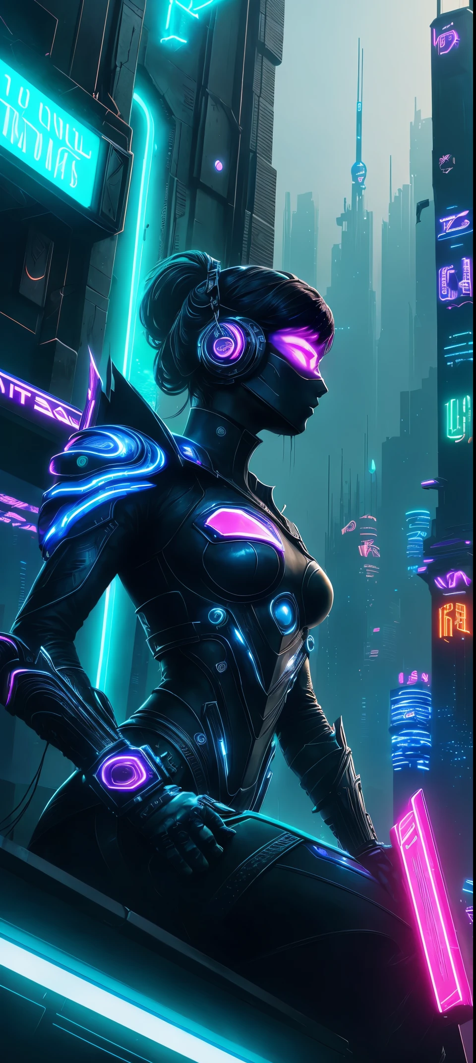 Meniscus，epic fantasy digital art style, and Mumford Tom Bagshaw., dark fantasy style art, Epic fantasy art style,, dark fantasy art style,  Epic fantasy art style HD, dark fantasy digital art，"artistic image type: {Perched on top of cybernetics, Investigate the vast cybermetropolis below. masks, Incorporate neon lights, Compare her technologically enhanced body, Embedded LEDs and retractable technology weapons shine. In a striking pose, seems ready for action, A fusion of ancient legends and visions of the future}, Excellent location，Features city views, (Vibrant neon lights:1.5), (digitial painting:1.25), (4K:1.2). enviroment: panoramic view of a city，Fly over the skyline."