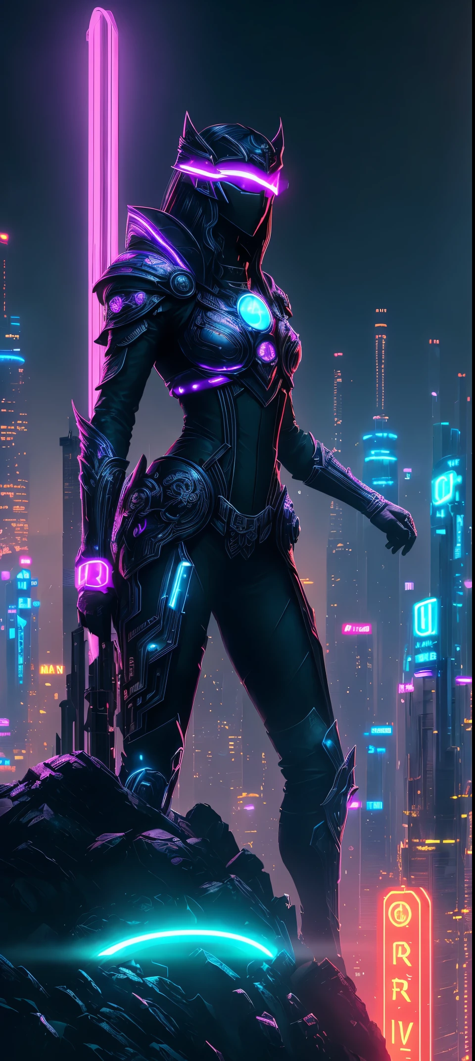 Meniscus，epic fantasy digital art style, and Mumford Tom Bagshaw., dark fantasy style art, Epic fantasy art style,, dark fantasy art style,  Epic fantasy art style HD, dark fantasy digital art，"artistic image type: {Perched on top of cybernetics, Investigate the vast cybermetropolis below. masks, Incorporate neon lights, Compare her technologically enhanced body, Embedded LEDs and retractable technology weapons shine. In a striking pose, seems ready for action, A fusion of ancient legends and visions of the future}, Excellent location，Features city views, (Vibrant neon lights:1.5), (digitial painting:1.25), (4K:1.2). enviroment: panoramic view of a city，Fly over the skyline."