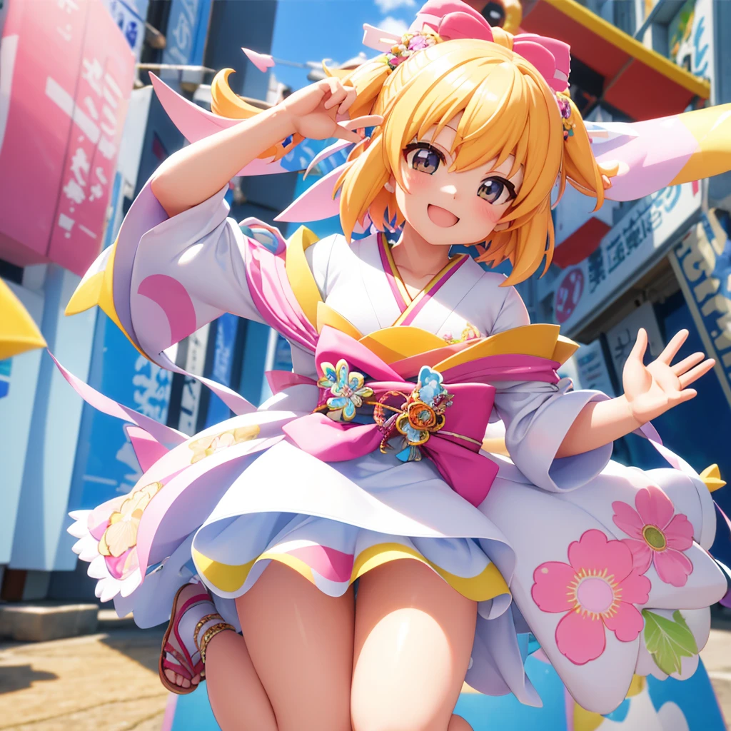 Nendoroid, 3D, bright pastel colors, happy smile, wedding dress, cool girl, very gorgeous dress, large mural, Japanese festival, layered 3D, short hair, playful and colorful depiction, anime taste, super detailed background, dynamic angle, "Niji 5" style background