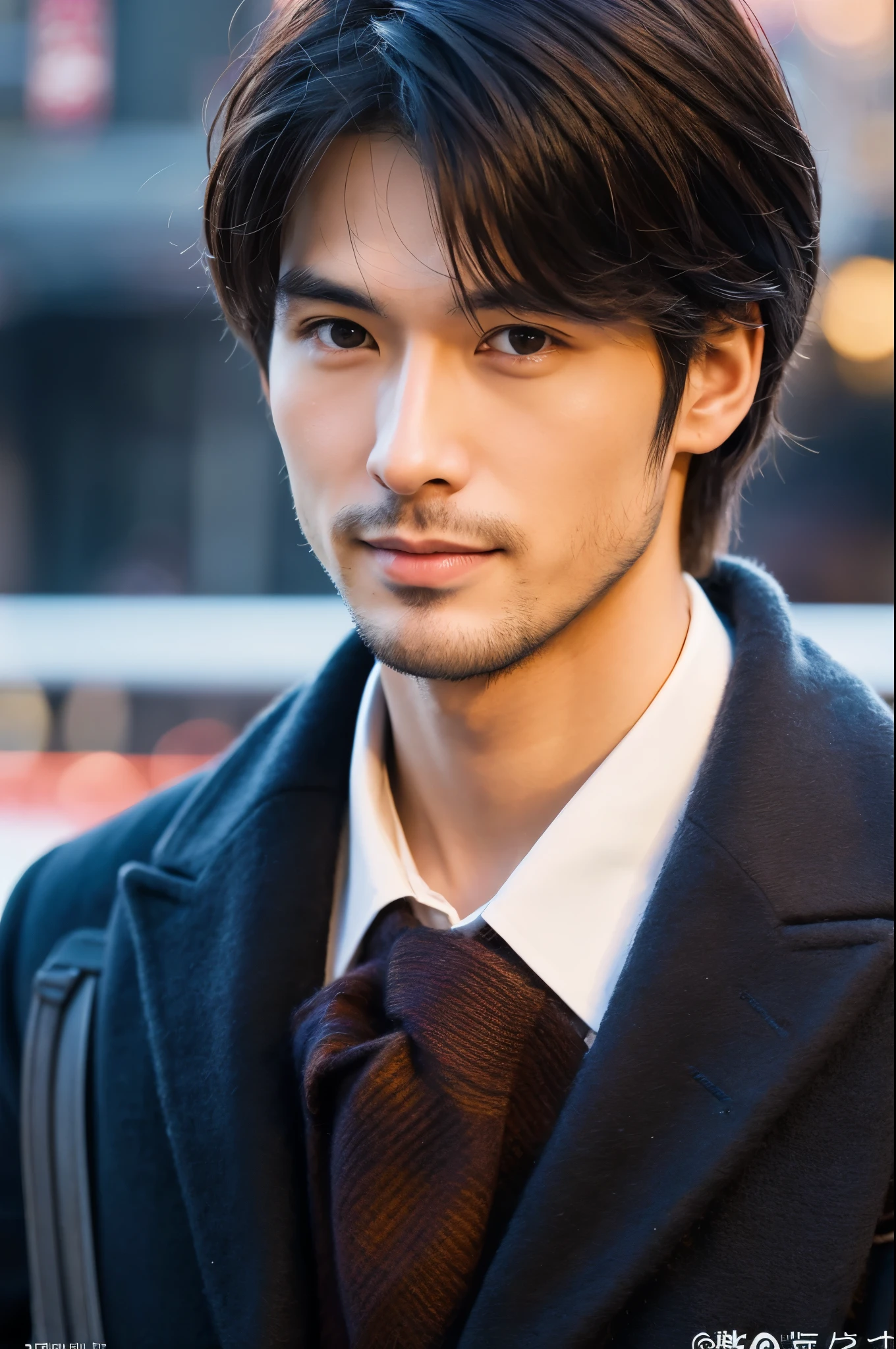 Photorealsitic, 8K full body poster, a handsome, japanes, a 25-year-old man, A charming expression, detailed face details, TOKYOcty, Winters, Shibuya in the background