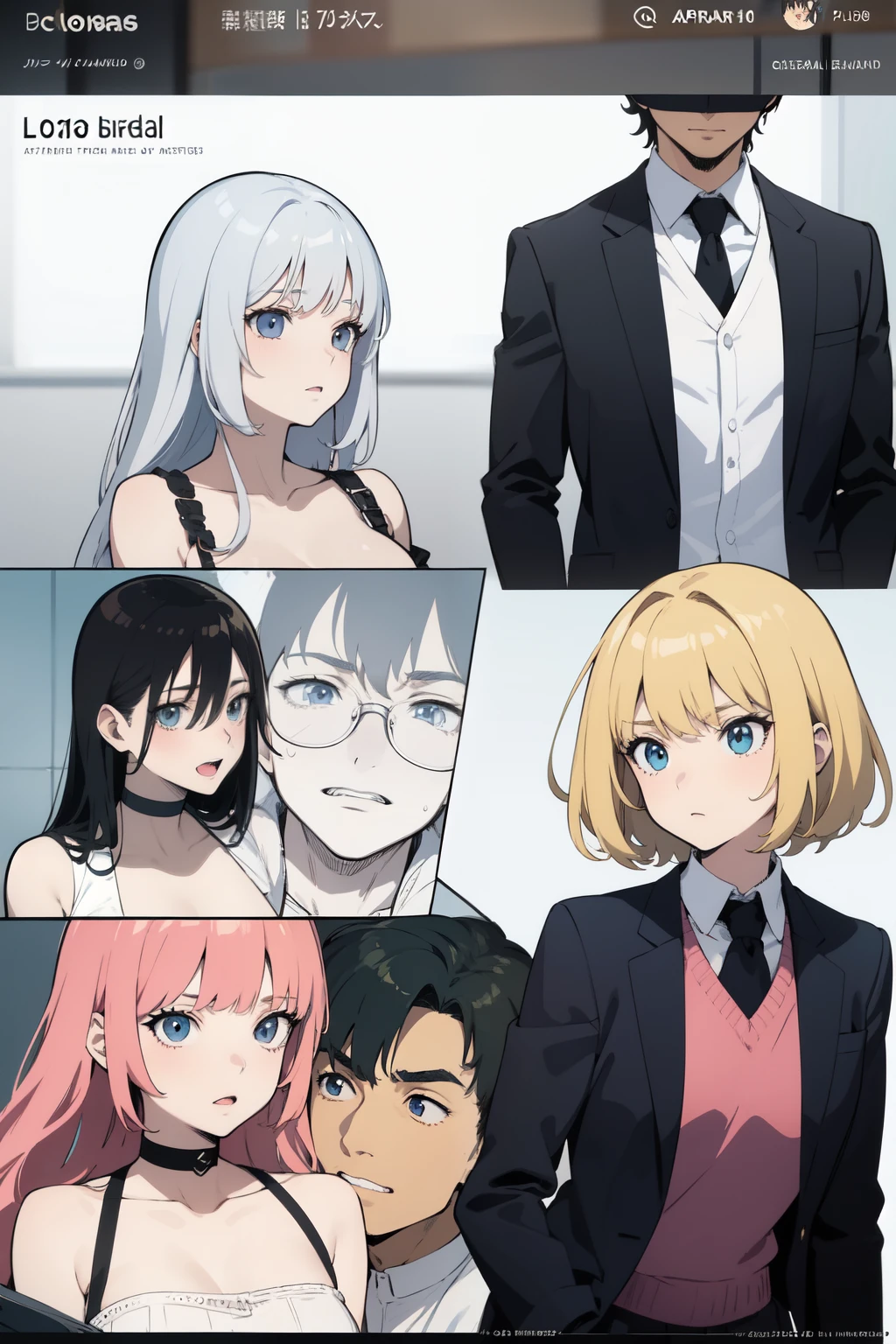 ((La mejor calidad)), ((Obra maestra)), (Detallado), personajes anime, blanco y negro, grupo de personas anime, different and unique designs, manga anime, portada manga anime, rostro perfecto, manos bien hechas, sin color, todo detallado, perfecto, calidad 1080p, chicos y chicas con diferentes apariencias, varias personas estilo anime manga sin color posando para una foto grupal, diferentes cuadros con diferentes personajes anime manga sin color, cuadros estilo manga anime comic sin color, escenas diferentes por cuadro estilo anime manga comic sin color