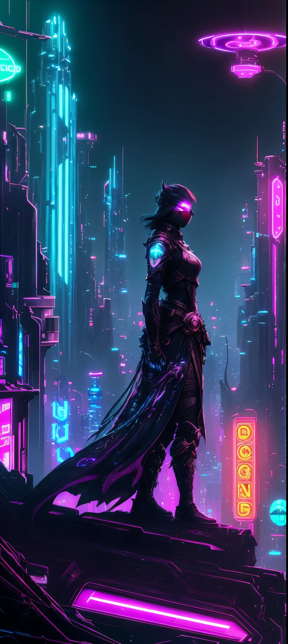 Meniscus，epic fantasy digital art style, and Mumford Tom Bagshaw., dark fantasy style art, Epic fantasy art style,, dark fantasy art style,  Epic fantasy art style HD, dark fantasy digital art，"artistic image type: {Perched on top of cybernetics, Investigate the vast cybermetropolis below. masks, Incorporate neon lights, Compare her technologically enhanced body, Embedded LEDs and retractable technology weapons shine. In a striking pose, seems ready for action, A fusion of ancient legends and visions of the future}, Excellent location，Features city views, (Vibrant neon lights:1.5), (digitial painting:1.25), (4K:1.2). enviroment: panoramic view of a city，Fly over the skyline."