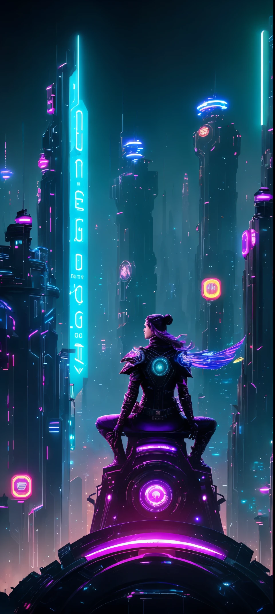 Meniscus,epic fantasy digital art style, and Mumford Tom Bagshaw., dark fantasy style art, Epic fantasy art style,, dark fantasy art style, Epic fantasy art style HD, dark fantasy digital art,"artistic image type: {Perched on top of cybernetics, Investigate the vast cybermetropolis below. masks, Incorporate neon lights, Compare her technologically enhanced body, Embedded LEDs and retractable technology weapons shine. In a striking pose, seems ready for action, A fusion of ancient legends and visions of the future}, Excellent location,Features city views, (Vibrant neon lights:1.5), (digitial painting:1.25), (4K:1.2). enviroment: panoramic view of a city,Fly over the skyline."