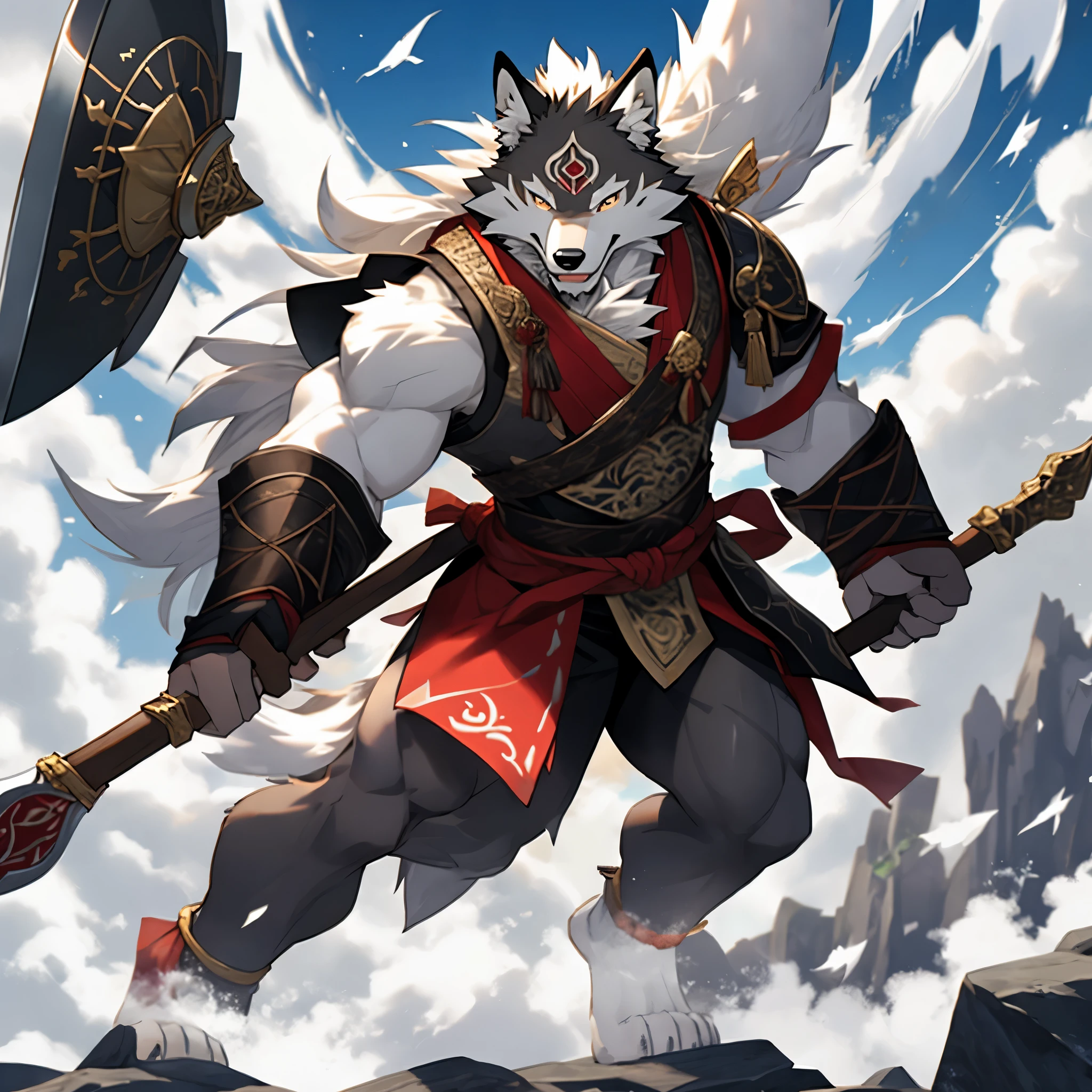 a muscular warrior anthropomorphic wolf with white fur wielding a greataxe, shirtless, white fur, okami