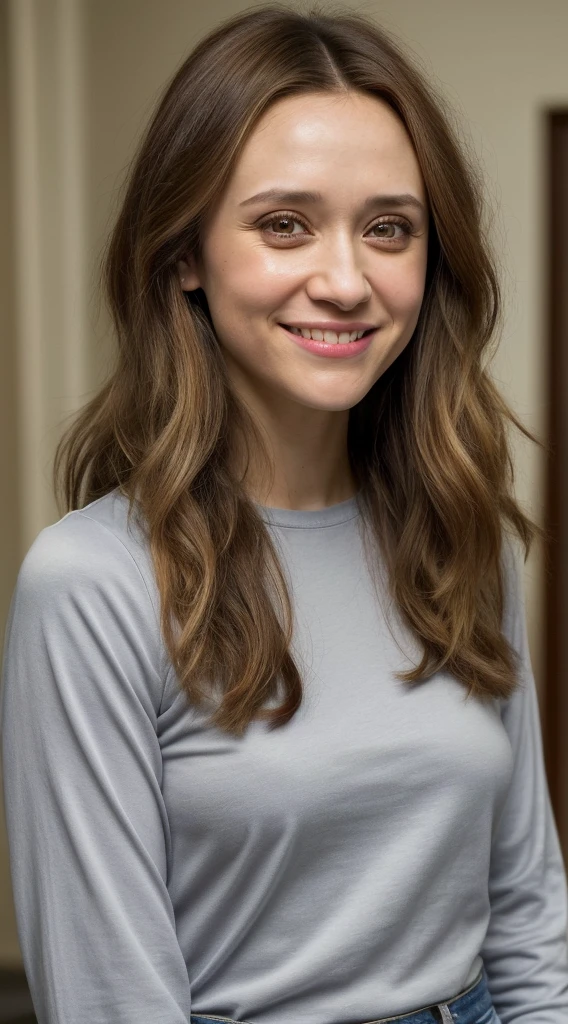 a woman that is smiling and holding a cell phone, this person does not exist, young woman in her 20s, brown hair and large eyes, wearing a long sleeve tshirt and jeans, olesya rulin-romola garai-valorie curry-maude apatow-peggy lipton-mia wasikowska-madeline zima-olga fonda-troian bellisario-linda cardellini-hilarie burton-lili reinhart merged, entire body visible, full body, hyperrealistic, best quality, 8K, real human skin, masterpiece, extremely intricate, medium closeup, detailed eyes, detailed face, detailed body, exaggerated features, pronounced features