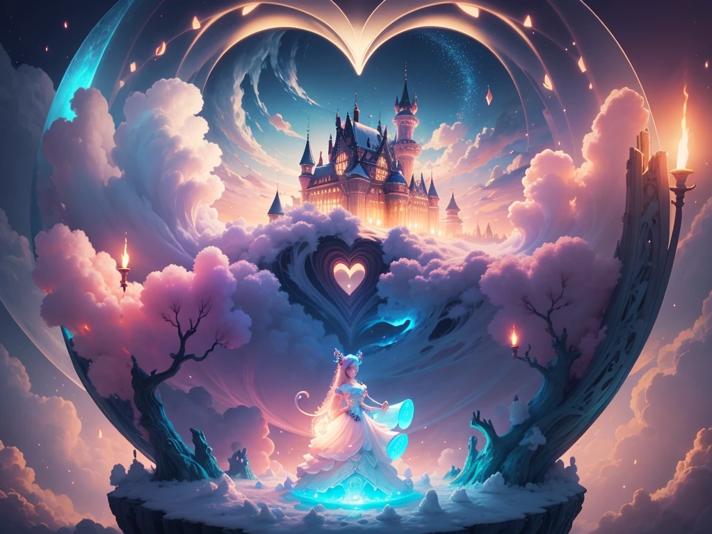 inside a heart shaped bubble a Cotton Candy Queen Women Goddess 8k Resolution Rendered Hyper Realistic Intricate Detail lives in an frosty heart shaped bubble, a fanciful place filled with castles, cotton candy, swans lakes and fluffy clouds, An intricate visual representation of computer programing, rendered in 24k resolution with intricate details and symbols.