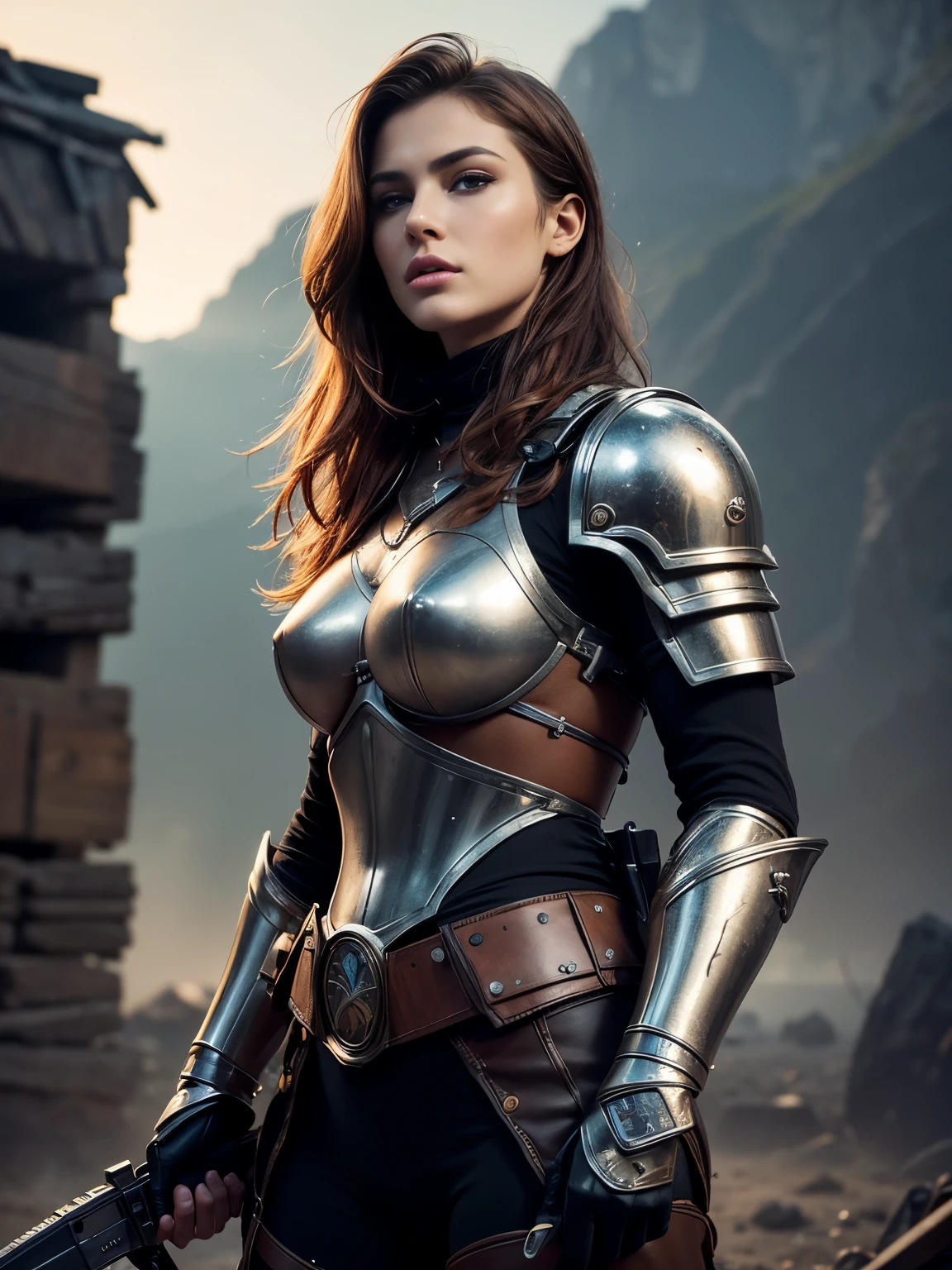 Create an image depicting one ultra hot gorgeous european woman, age 23, light auburn hair, she's a playmate, a men magazine model, in ARMOR, holding weapons, as a futuristic warrior in a dystopian world. Juxtapose the beauty with a harsh, survivalist environment. Perfect anatomy, Perfect eyes, perfect hands, perfect body, perfect hair, perfect breast, accurate, UHD, retina, masterpiece, anatomically correct, textured skin, super detail, high details, high quality, award winning, best quality, highres, 16k, 8k