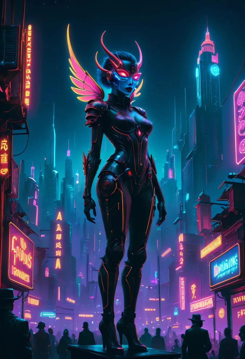 Meniscus,epic fantasy digital art style, and Mumford Tom Bagshaw.., dark fantasy style art, Epic fantasy art style,, dark fantasy art style, Epic fantasy art style HD, dark fantasy digital art,"artistic image type: {Perched on cybernetics, Investigate the vast cyber city below. masks, Incorporate neon lights, Compare her tech-enhanced body, Embedded LEDs and retractable technology weapons shine. In a striking pose, seems ready for action, A fusion of ancient legends and visions of the future}, Excellent location,Features city views, (Vibrant neon lights:1.5), (digitial painting:1.25), (4K:1.2). enviroment: panoramic view of a city,Fly over the skyline."