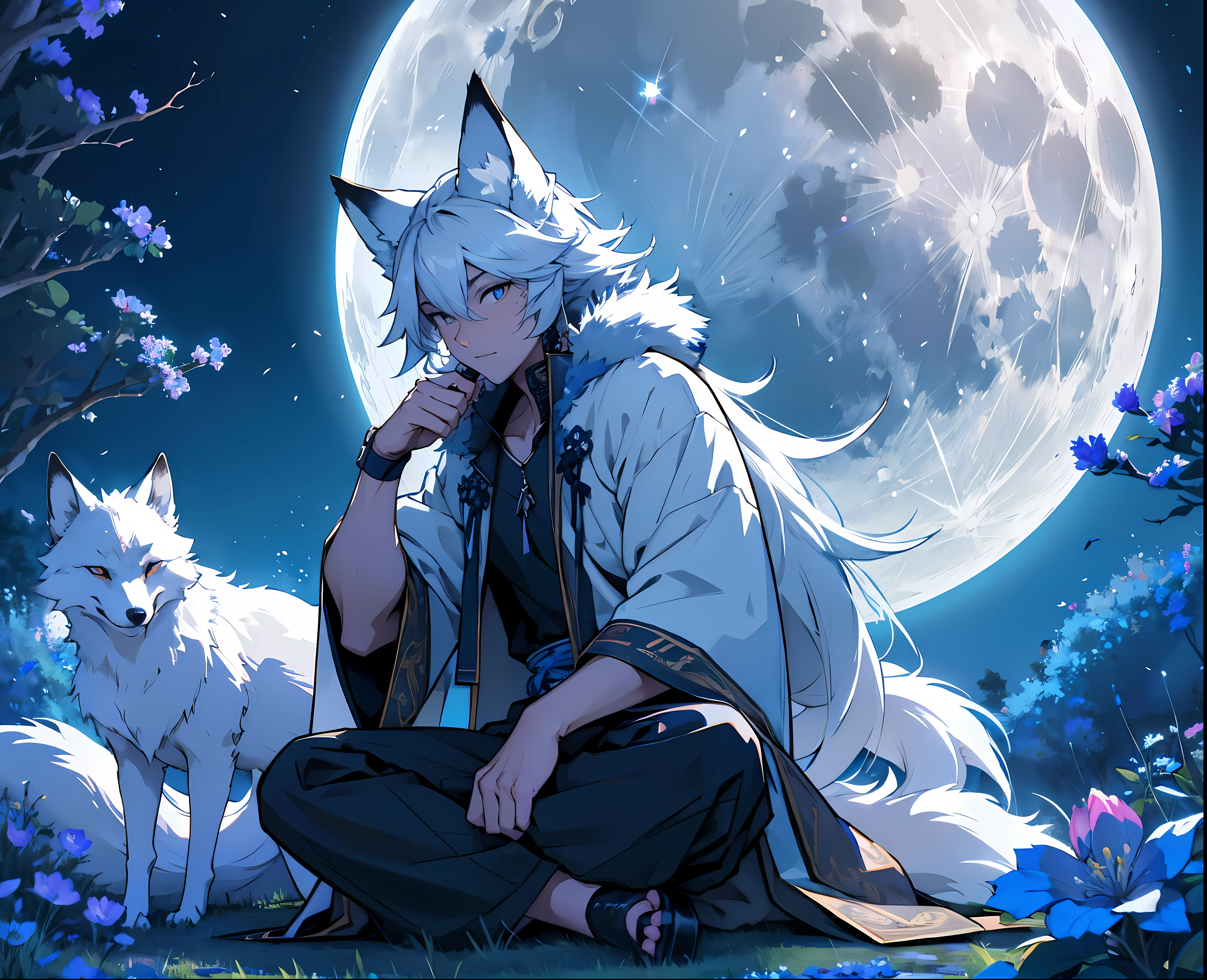 silver-furred fox with nine tails under a tree full of blue flowers with the moon behind
