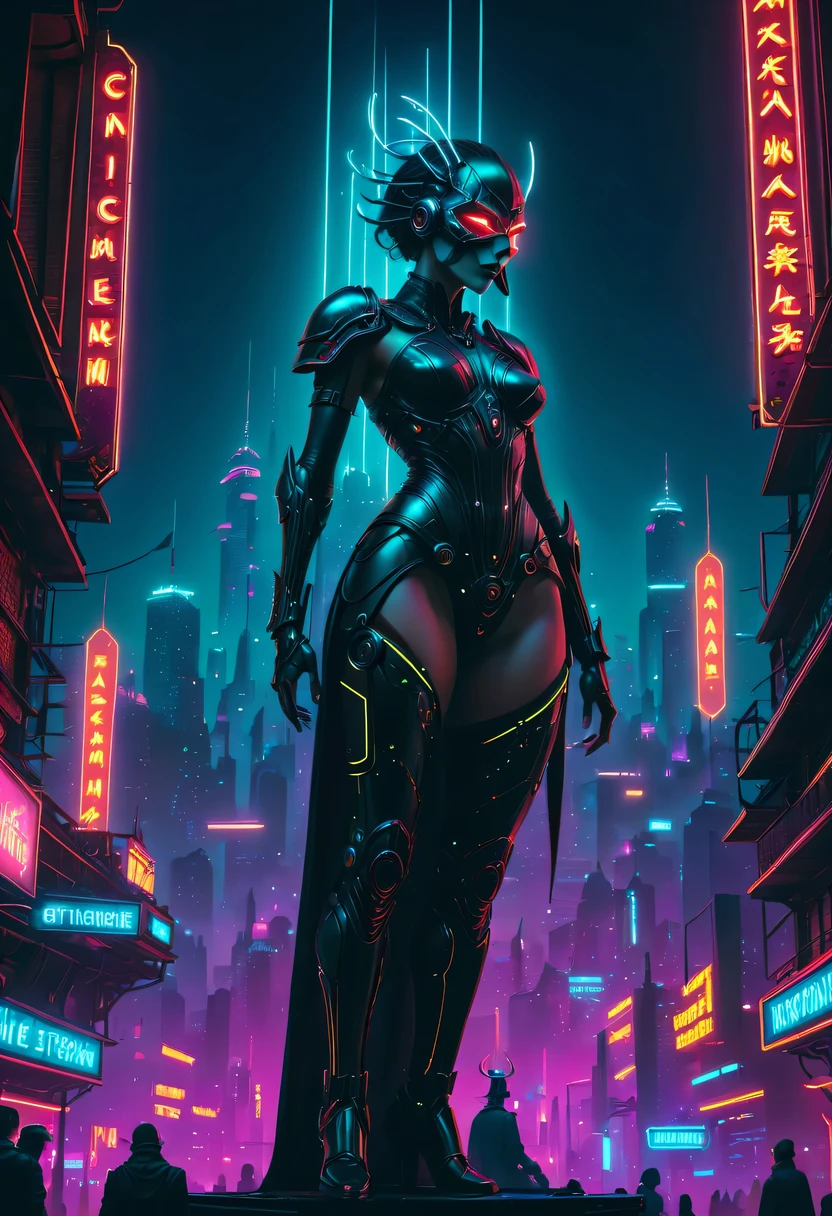 Meniscus,epic fantasy digital art style, and Mumford Tom Bagshaw.., dark fantasy style art, Epic fantasy art style,, dark fantasy art style, Epic fantasy art style HD, dark fantasy digital art,"artistic image type: {Perched on cybernetics, Investigate the vast cyber city below. masks, Incorporate neon lights, Compare her tech-enhanced body, Embedded LEDs and retractable technology weapons shine. In a striking pose, seems ready for action, A fusion of ancient legends and visions of the future}, Excellent location,Features city views, (Vibrant neon lights:1.5), (digitial painting:1.25), (4K:1.2). enviroment: panoramic view of a city,Fly over the skyline."