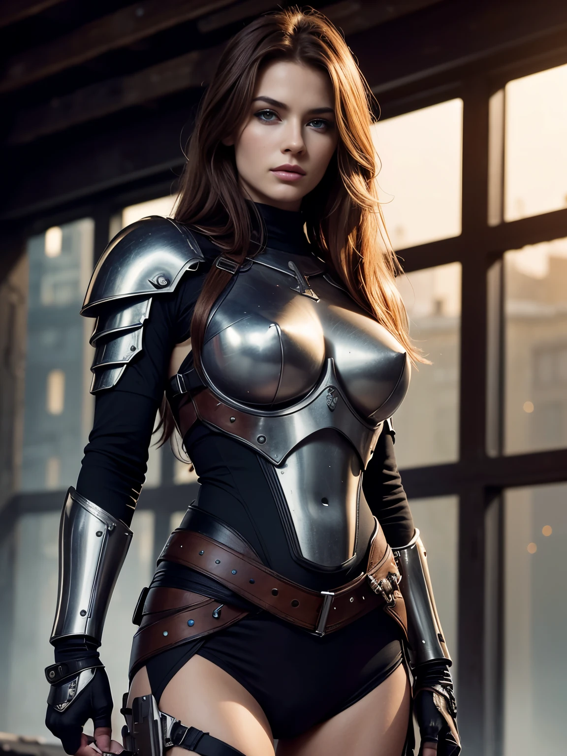 Create an image depicting one ultra hot gorgeous european woman, age 23, light auburn hair, she's a playmate, a men magazine model, in ARMOR, holding weapons, as a futuristic warrior in a dystopian world. Juxtapose the beauty with a harsh, survivalist environment. Perfect anatomy, Perfect eyes, perfect hands, perfect body, perfect hair, perfect breast, accurate, UHD, retina, masterpiece, anatomically correct, textured skin, super detail, high details, high quality, award winning, best quality, highres, 16k, 8k