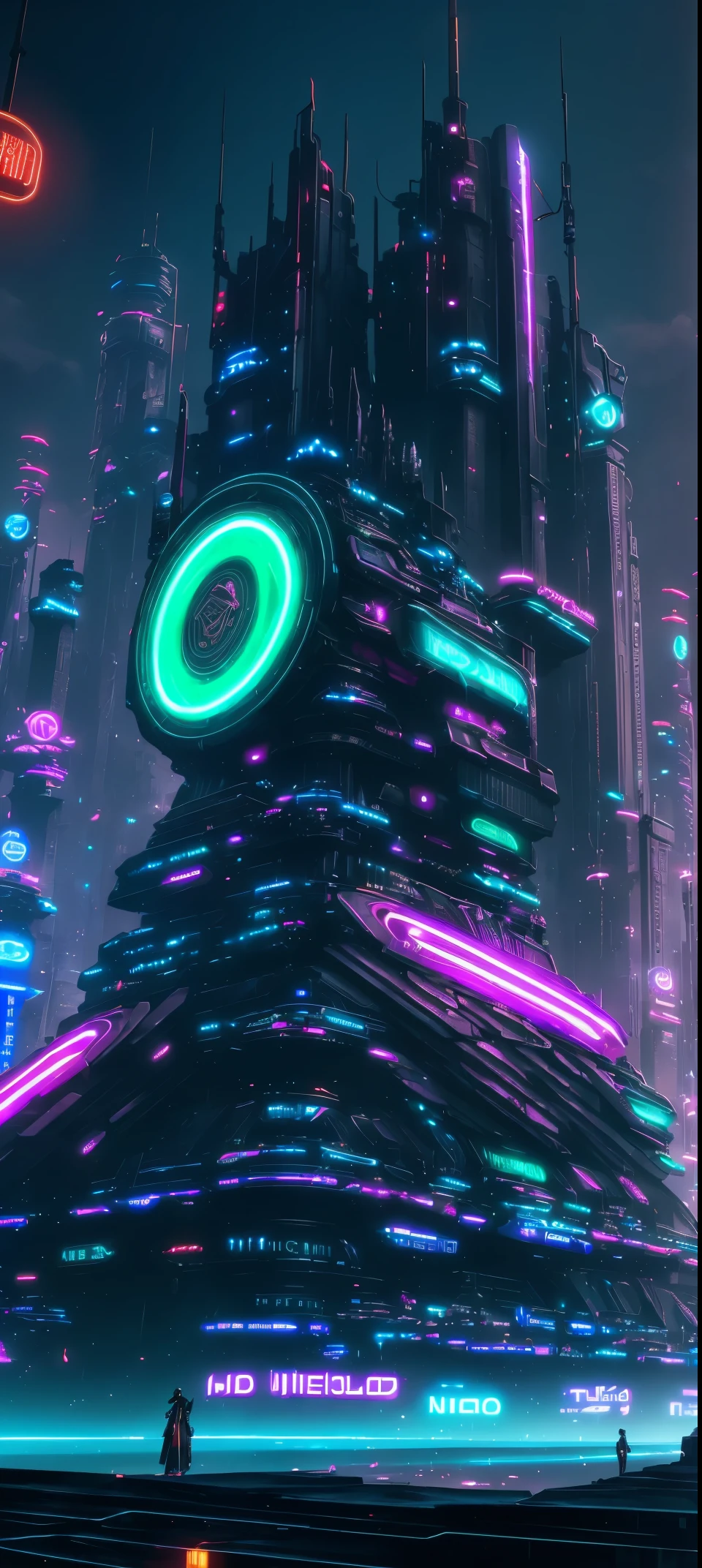 Meniscus,epic fantasy digital art style, and Mumford Tom Bagshaw., dark fantasy style art, Epic fantasy art style,, dark fantasy art style, Epic fantasy art style HD, dark fantasy digital art,"artistic image type: {Perched on top of cybernetics, Investigate the vast cybermetropolis below. masks, Incorporate neon lights, Compare her technologically enhanced body, Embedded LEDs and retractable technology weapons shine. In a striking pose, seems ready for action, A fusion of ancient legends and visions of the future}, Excellent location,Features city views, (Vibrant neon lights:1.5), (digitial painting:1.25), (4K:1.2). enviroment: panoramic view of a city,Fly over the skyline."