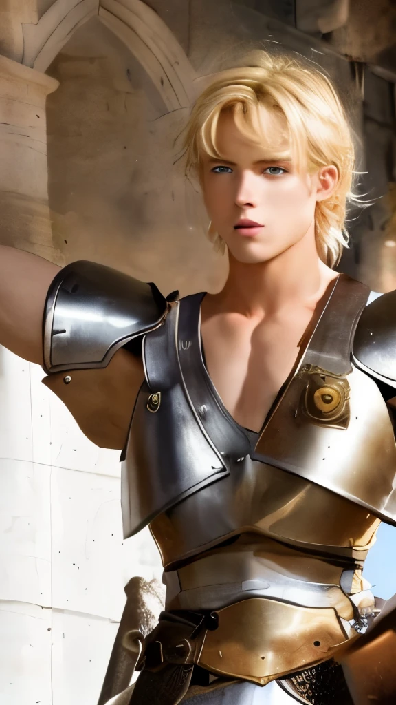 A young man, blond hair, European medieval scene, medieval knight in armor, shirtless, pecs, abs, handsome, attractive boy, European boy, best quality, cinematic, the most handsome boy, strong jaw, harmonious face, focus in the boy, heroic, medieval hero, photo realism, movie scene