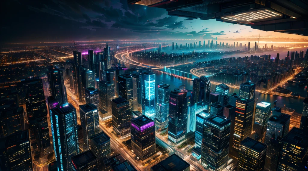 stunning Cyberpunk cityscape, mesmerizing reflections, artistic composition, and negative space, (best quality,4k,8k,highres,masterpiece:1.2), ultra-detailed, (realistic,photorealistic,photo-realistic:1.37), HDR, UHD, studio lighting, futuristic architecture, vibrant neon lights, bustling streets, towering skyscrapers, intricate details, technologically advanced, mysterious shadows, vibrant color palette, dynamic composition, sleek and modern, sprawling cityscape, illuminated billboards, bustling traffic, aerial perspective, dramatic perspective, dystopian atmosphere, cinematic feel.