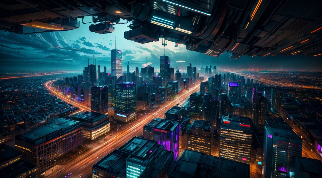 stunning Cyberpunk cityscape, mesmerizing reflections, artistic composition, and negative space, (best quality,4k,8k,highres,masterpiece:1.2), ultra-detailed, (realistic,photorealistic,photo-realistic:1.37), HDR, UHD, studio lighting, futuristic architecture, vibrant neon lights, bustling streets, towering skyscrapers, intricate details, technologically advanced, mysterious shadows, vibrant color palette, dynamic composition, sleek and modern, sprawling cityscape, illuminated billboards, bustling traffic, aerial perspective, dramatic perspective, dystopian atmosphere, cinematic feel.