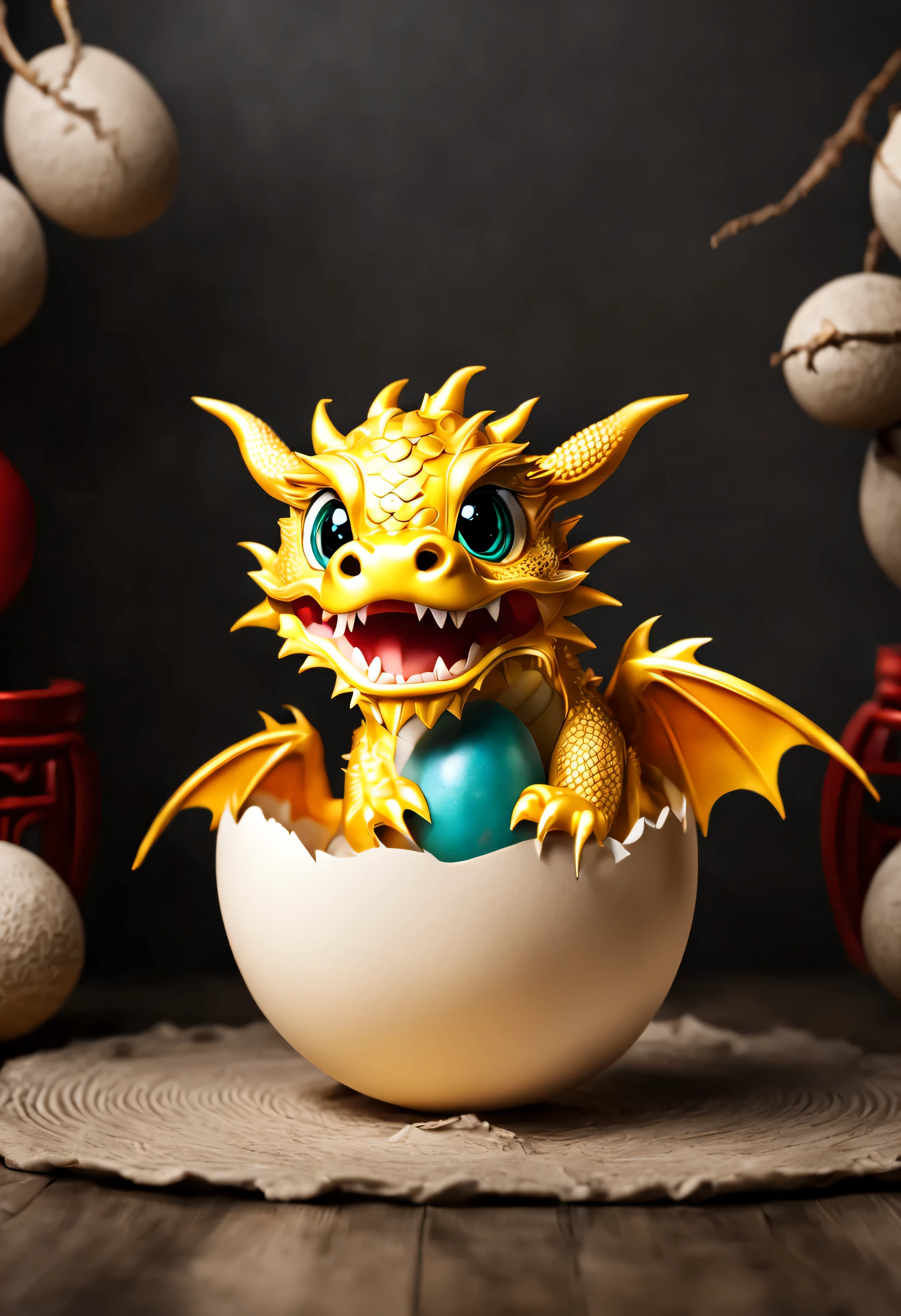 cuddly, cute chinese dragon bursting out of its egg, transparent background