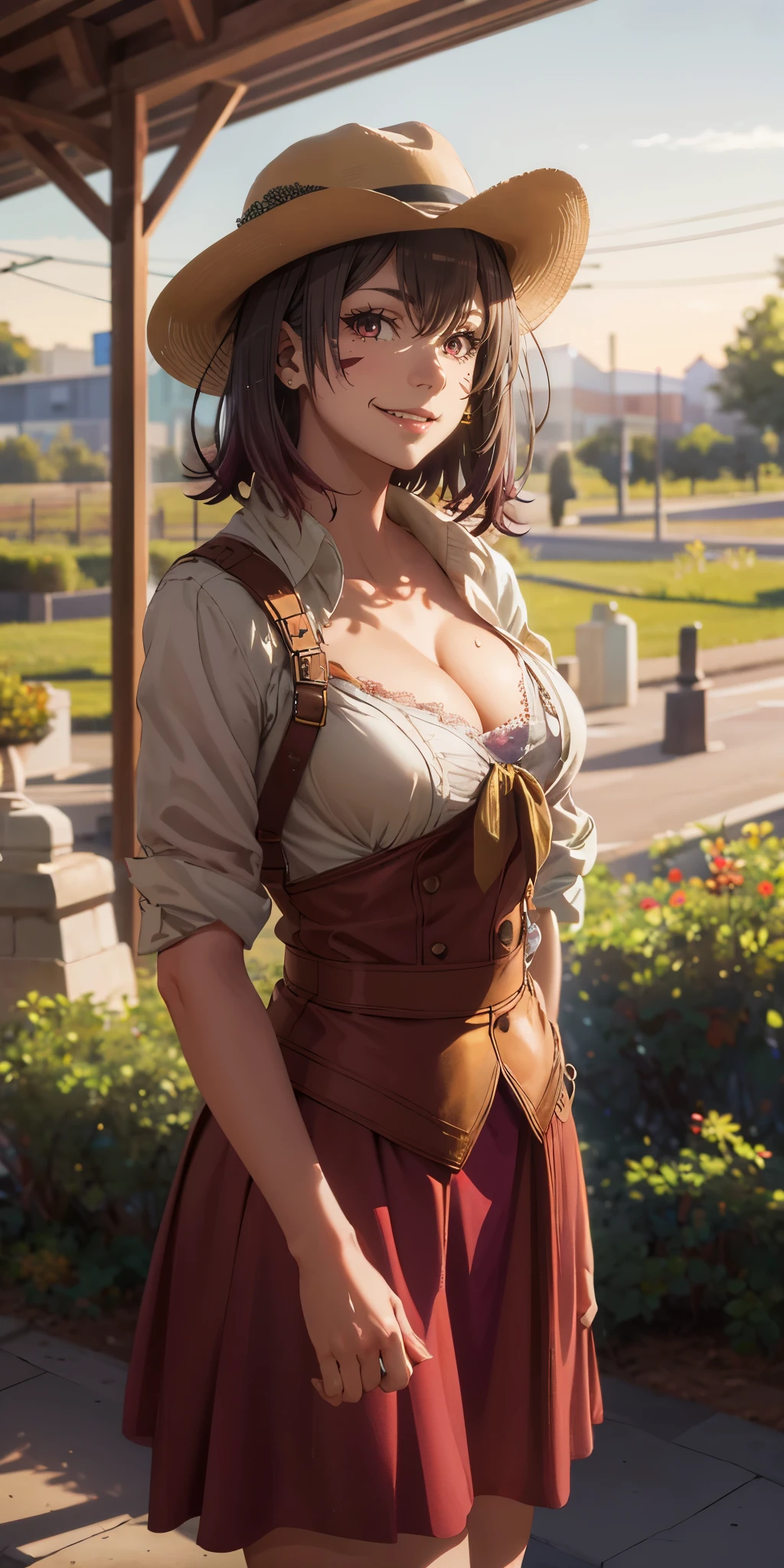 anatomically correct, best quality, masterpiece, high quality, high details, highres, HD, (shaded face:1.2), hollow eyes, maroon eyes, looking at viewer, smirk, upper teeth, black hair, short hair, huge breasts, sagging breasts, sweating, "Photorealistic, Hyperrealistic, Hyperdetailed, analog style, soft lighting, subsurface scattering, realistic, heavy shadow, masterpiece, best quality, ultra realistic, 8k, golden ratio, Intricate, High Detail, film photography, soft focus, fantasy art, bokeh, 1girl, solo, hat, short_hair, breasts, brown_hair, field, medium_breasts, cleavage, outdoors, skirt, lips, sky