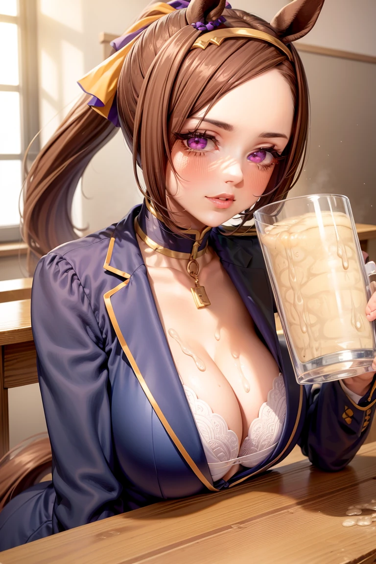 1boy, (old man:1.4), cum mug, beer mug, best quality,4k,8k,highres,(masterpiece:1.2),ultra-detailed,1girl, couple, sakura bakushin o \(umamusme\), horse ears, horse girl, purple eyes, high ponytail, parted bangs, ferehead, headband, woman, sexy, detailed, dazed expression, thick thighs, teacher, blazer, mature bra, ((cleavage)), (bra slipping), ponytail, (brown hair), school board background, large breasts, smile, lips, dog collar