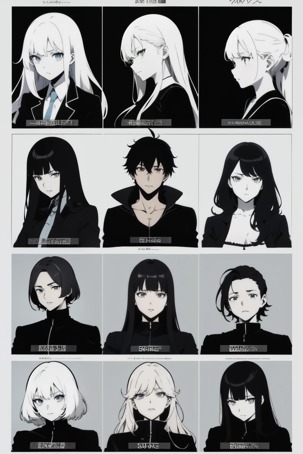 ((La mejor calidad)), ((Obra maestra)), (Detallado), personajes anime, blanco y negro, grupo de personas anime, different and unique designs, manga anime, portada manga anime, rostro perfecto, manos bien hechas, sin color, todo detallado, perfecto, calidad 1080p, chicos y chicas con diferentes apariencias, varias personas estilo anime manga sin color posando para una foto grupal, diferentes cuadros con diferentes personajes anime manga sin color, cuadros estilo manga anime comic sin color, escenas diferentes por cuadro estilo anime manga comic sin color con diferentes personajes