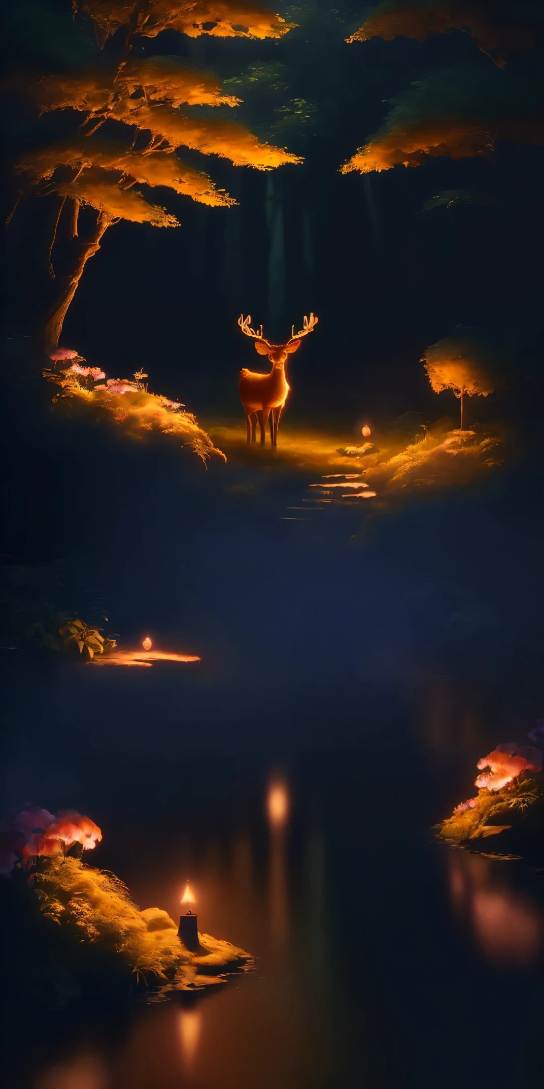 Masterpiece, best quality, (very detailed CG unified 8k wallpaper), (best quality), (best illustration), (best shadolowing elf with a glowing deer, drinking water in the pool, natural elements in forest theme. Mysterious forest, beautiful forest, nature, surrounded by flowers, delicate leaves and branches surrounded by fireflies (natural elements), (jungle theme), (leaverancheireflies), (particle effects) and other 3D, Octane rendering, ray tracing, super detailed , deer --v6