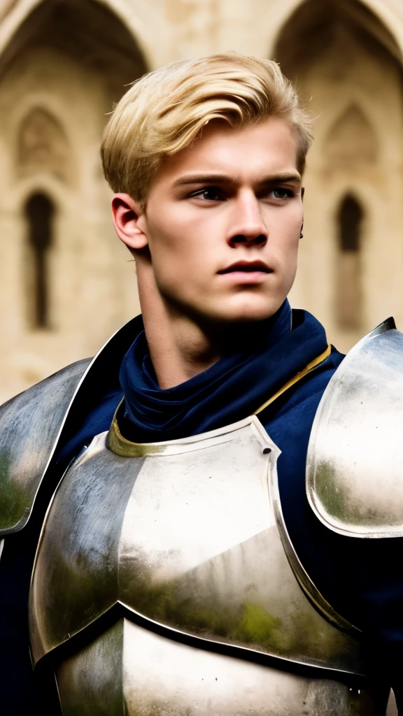 A young man, blond hair, European medieval scene, medieval knight in armor, shirtless, pecs, abs, handsome, attractive boy, European boy, best quality, cinematic, the most handsome boy, strong jaw, harmonious face, focus in the boy, heroic, medieval hero, photo realism, movie scene