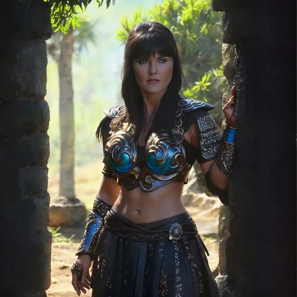 (best quality,Realistic),Xena,identical and perfect face,Olhos azuis claros,corpo perfeito,vivid colors,Detailed features,studio lighting