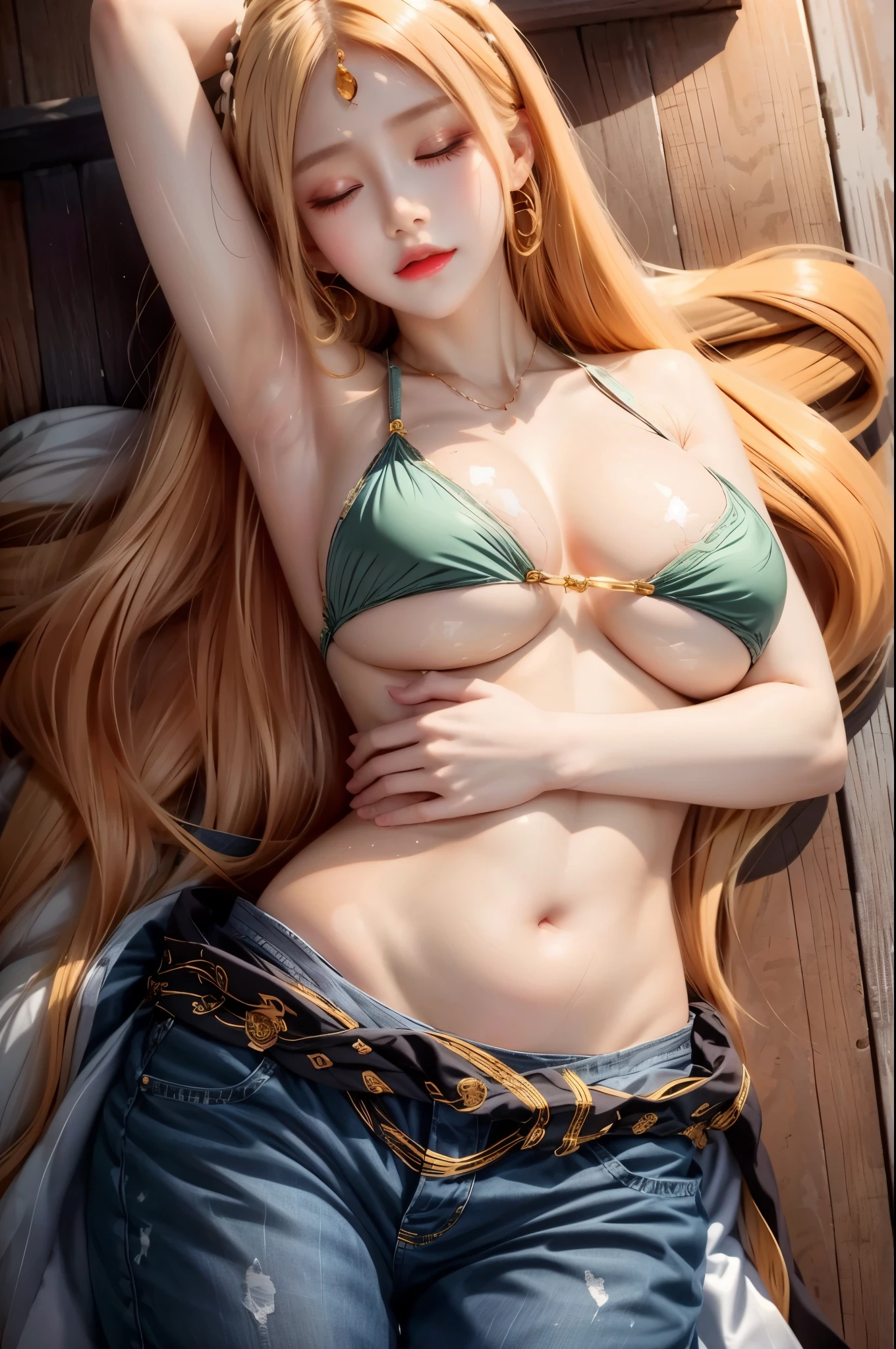 realistic, 1 woman, best quality, 12k, HD, closed eyes, long hair, big round breasts, cleavage, ponytail, necklace, jewelry, shorts, short jacket, slim hips, hair tie, yellow eyes, black hair, super detail, Eye detail, hair detail, person detail, mouth detail, face detail, breast detail, clothes detail, hair detail, pants detail, hand detail, whole body