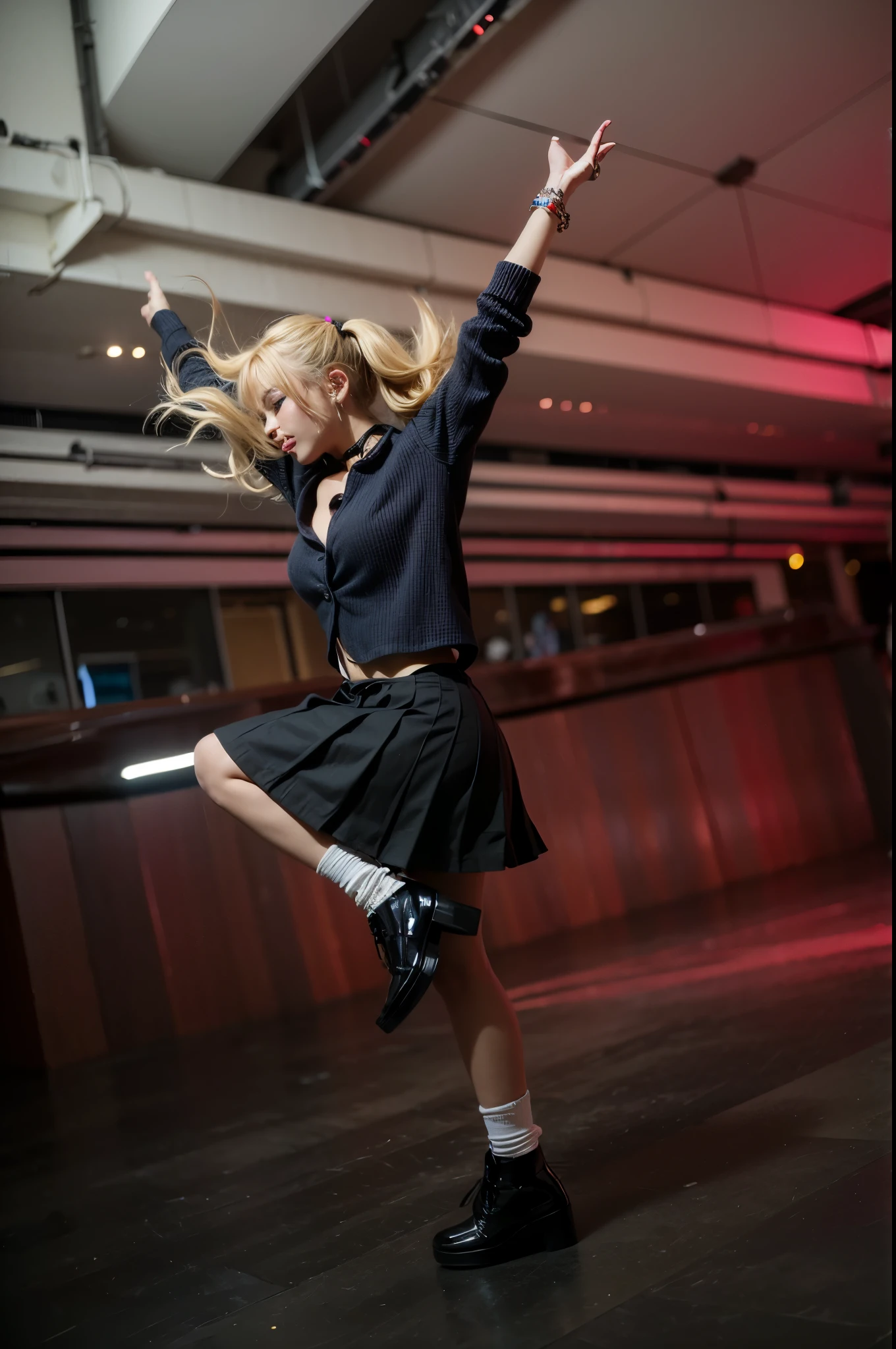 (Best quality, 8k, 32k, Masterpiece, UHD:1.2) "Transform the image into a vibrant nightclub scene with a Gyaru-style schoolgirl at the center of the dance floor. Envision a crowded and energetic atmosphere with people dancing amidst pulsating neon lights. Emphasize the Gyaru schoolgirl's distinct fashion style within the bustling crowd, showcasing her trendy attire and unique presence. Surround her with diverse neon lights, casting colorful reflections and creating a lively backdrop. Illustrate the dynamic movement of the dance floor, capturing the enthusiasm and energy of the revelers. Incorporate a mix of vibrant lighting effects and vivid colors to enhance the electrifying ambiance of the nightclub. Highlight the Gyaru schoolgirl's confidence and spirited demeanor, her a focal point amidst the energetic and bustling environment, all while celebrating the exuberance of the nightlife scene."