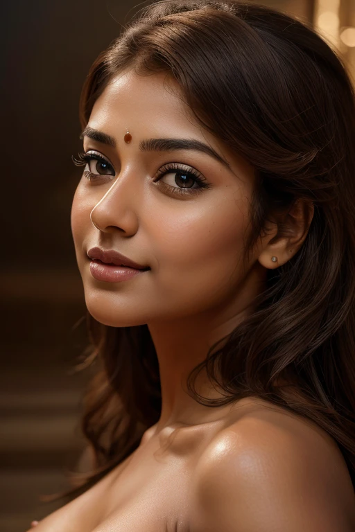 nayanthara, as mommy, naked, teasing smile, 1girl, ultra high res, oil painting, beautiful detailed eyes, beautiful detailed lips, extremely detailed eyes and face, long eyelashes, soft and warm lighting, vibrant colors, ethereal glow, delicate brushstrokes, realistic skin texture, surreal background, dreamlike atmosphere, graceful posture, elegant clothing, serene expression, captivating gaze, mesmerizing beauty, masterful composition, emotional depth, artful storytelling.