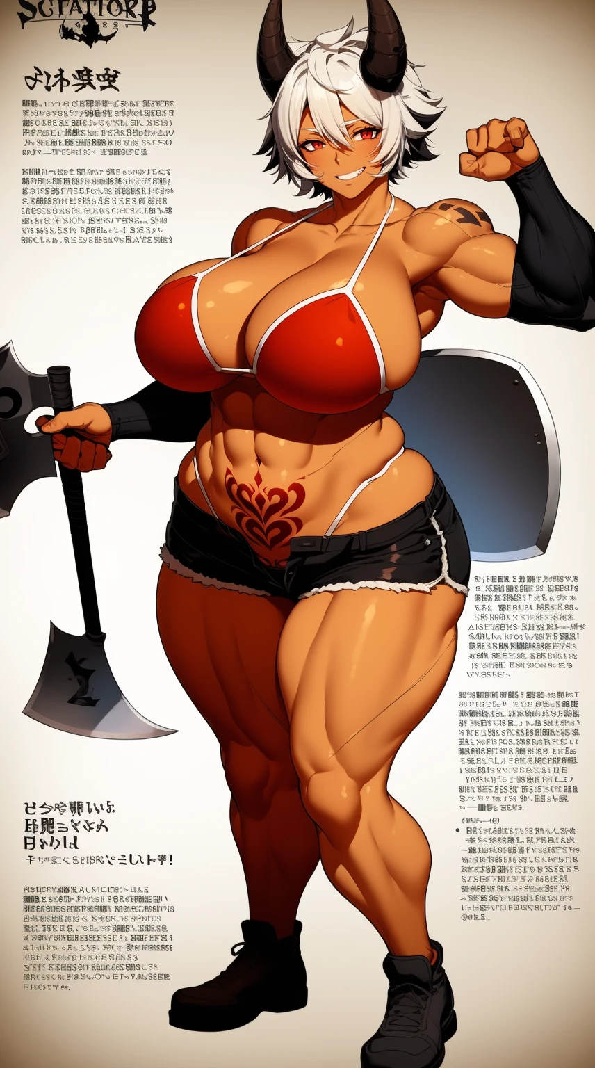 helga, dark-skinned female, short hair, silver hair, bikini, horns, red eyes, shorts, huge breasts, no wings, muscular female, thick thighs, thick arms, tomboy,full body tatto,, no tail,fertility tatto, breeding tatto,smug, holding axe, reflection light, blending, bloom, god rays, ray tracing, Fujicolor, drop shadow, Gothic art, anime, Ghibli-like colours, anime style, UHD, retina, masterpiece, ccurate, anatomically correct, textured skin, super detail, high details, high quality, award winning, best quality, highres, 1080P, HD, 4K, 8k, 16k,standing, warrior pose, axe holding,refsheet, charactersheet