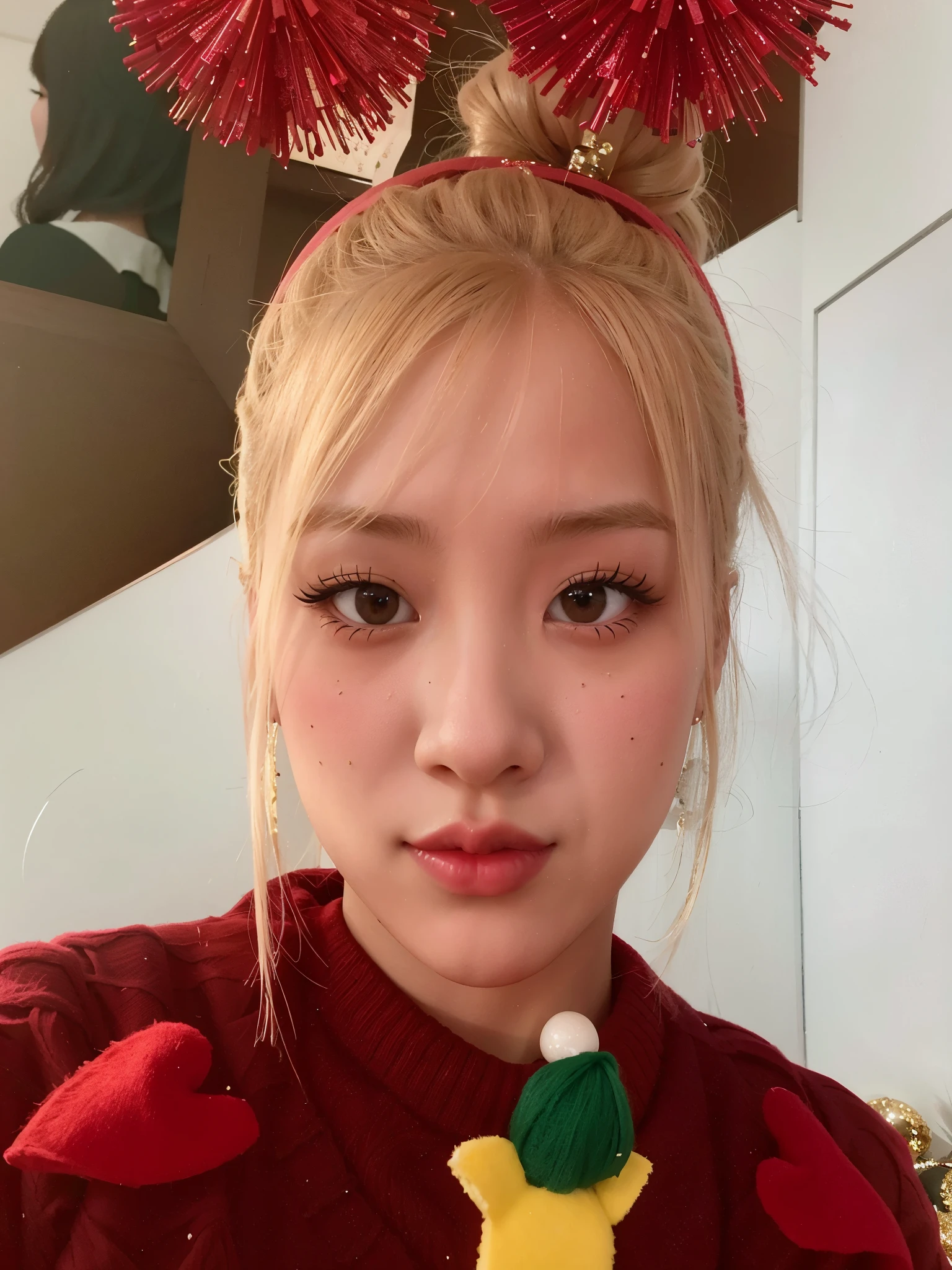 Arafa girl wearing a red sweater and a green and yellow Christmas ornament, Rozan Park of Blackpink, Josie from Blackpink, portrait of Josie from Blackpink, lalisa manobal, Lalisa Manoban from Blackpink, Kim Dewong, They will finish grilling, Park Ji-min, tzuyu from twice, Sun Yongju, jinyoung shin