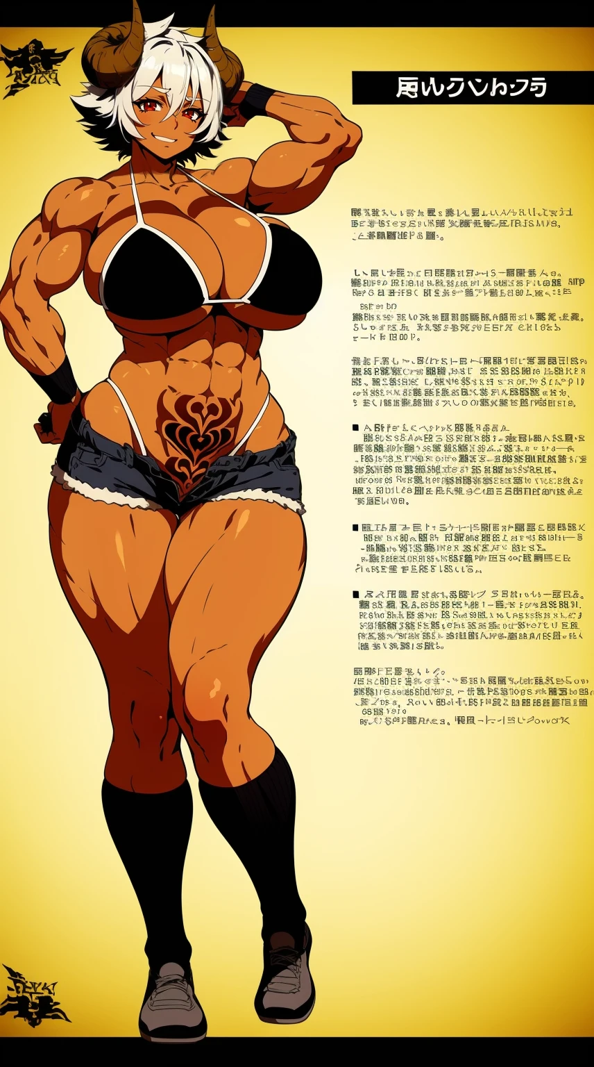 helga, dark-skinned female, short hair, silver hair, bikini, horns, red eyes, shorts, huge breasts, no wings, muscular female, thick thighs, thick arms, tomboy,full body tatto,, no tail,fertility tatto, breeding tatto,smug, holding axe, reflection light, blending, bloom, god rays, ray tracing, Fujicolor, drop shadow, Gothic art, anime, Ghibli-like colours, anime style, UHD, retina, masterpiece, ccurate, anatomically correct, textured skin, super detail, high details, high quality, award winning, best quality, highres, 1080P, HD, 4K, 8k, 16k,standing, warrior pose, axe holding,refsheet, charactersheet