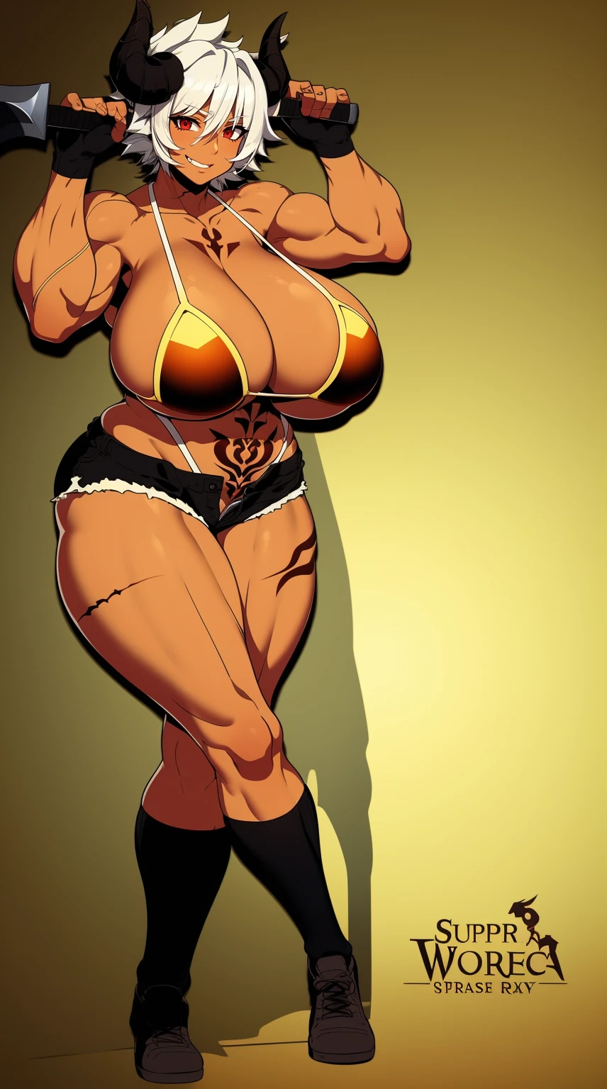 helga, dark-skinned female, short hair, silver hair, bikini, horns, red eyes, shorts, huge breasts, no wings, muscular female, thick thighs, thick arms, tomboy,full body tatto,, no tail,fertility tatto, breeding tatto,smug, holding axe, reflection light, blending, bloom, god rays, ray tracing, Fujicolor, drop shadow, Gothic art, anime, Ghibli-like colours, anime style, UHD, retina, masterpiece, ccurate, anatomically correct, textured skin, super detail, high details, high quality, award winning, best quality, highres, 1080P, HD, 4K, 8k, 16k,standing, warrior pose, axe holding,refsheet, charactersheet