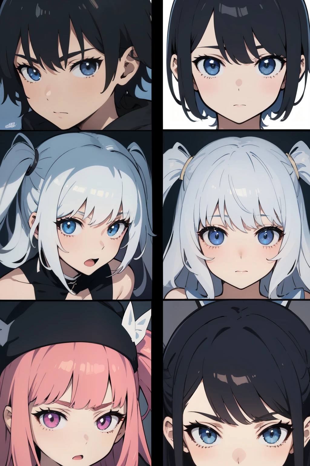 ((La mejor calidad)), ((Obra maestra)), (Detallado), personajes anime, blanco y negro, grupo de personas anime, different and unique designs, manga anime, portada manga anime, rostro perfecto, manos bien hechas, sin color, todo detallado, perfecto, calidad 1080p, chicos y chicas con diferentes apariencias, varias personas estilo anime manga sin color posando para una foto grupal, diferentes cuadros con diferentes personajes anime manga sin color, cuadros estilo manga anime comic sin color, escenas diferentes por cuadro estilo anime manga comic sin color con diferentes personajes