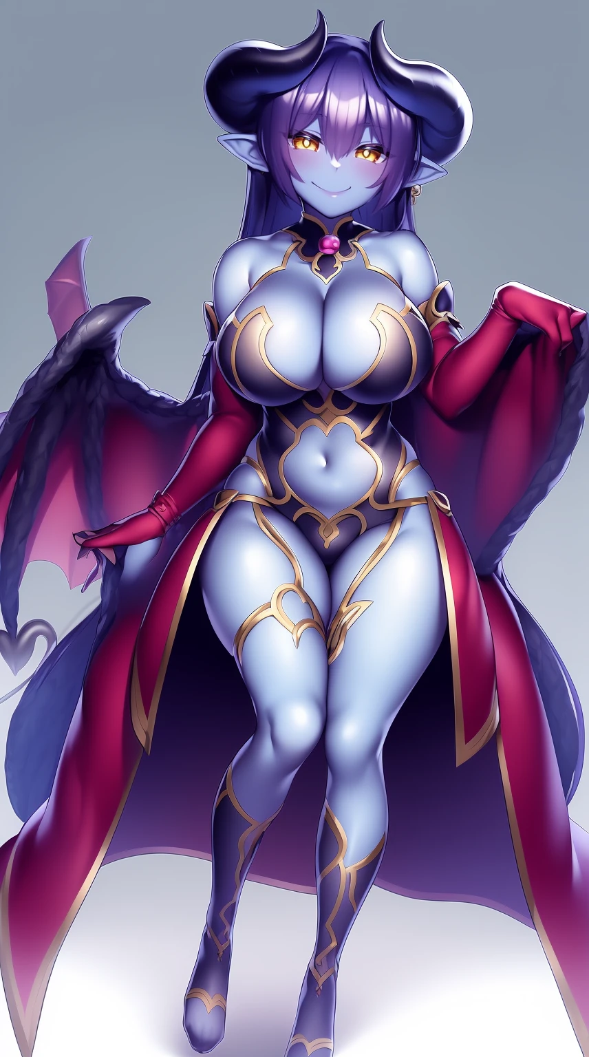 1girl, obra maestra, mejor calidad, astaroth_(shinrabanshou),demon_girl, long_hair, demon_horns, black_sclera, blue_skin, smile, full body,, long dress, robe, victorian robe