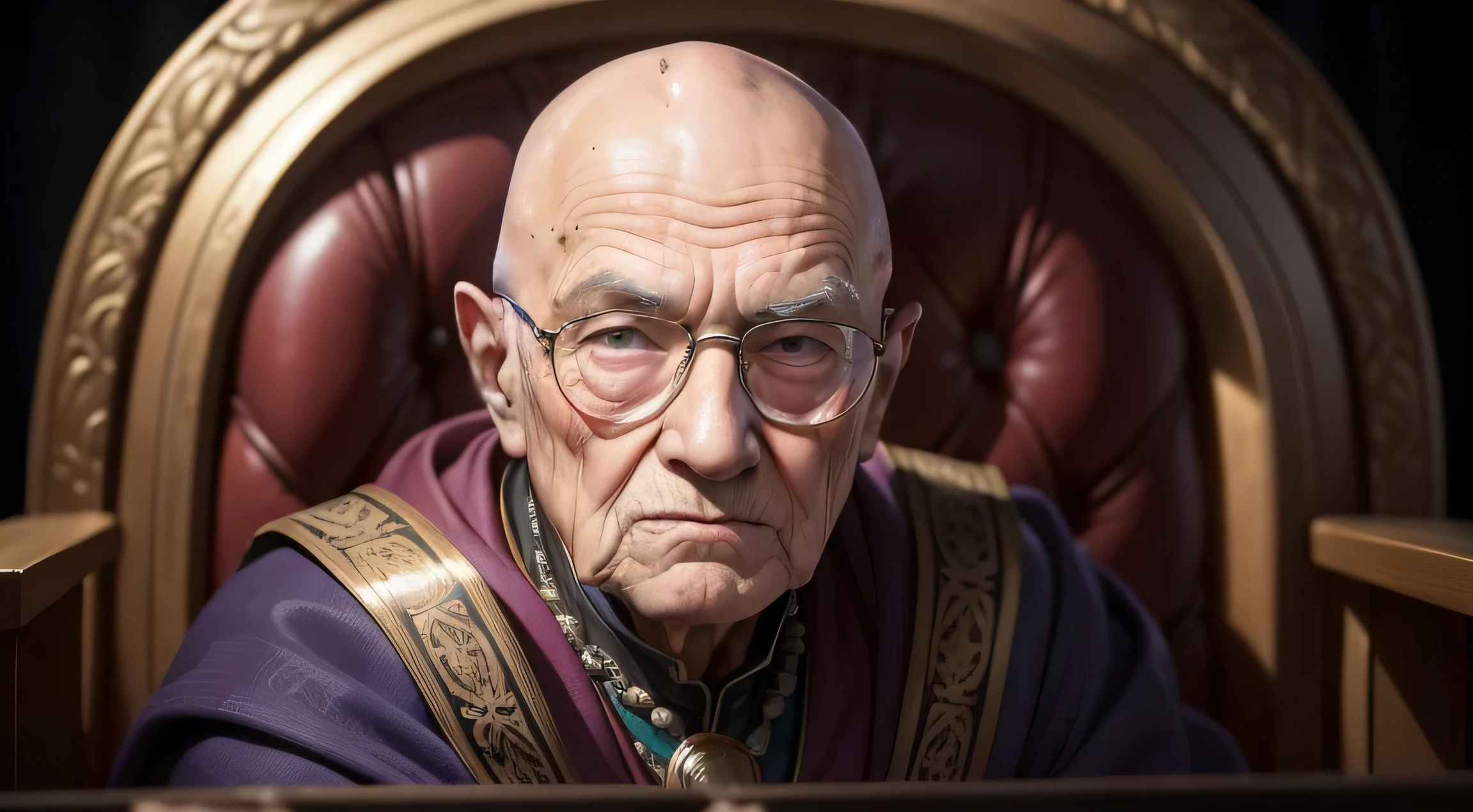 tmasterpiece: 1.2, Best quality), actual, (Authentic images, Complicated details, depth of fields), (1 elder, Alone),  perfect lips, The content is very detailed, It's a perfect face, (skin dentition),  throne behind background, Various hero poses,  bald，Wear sage&#39;robe，wears glasses，looking at the camera in