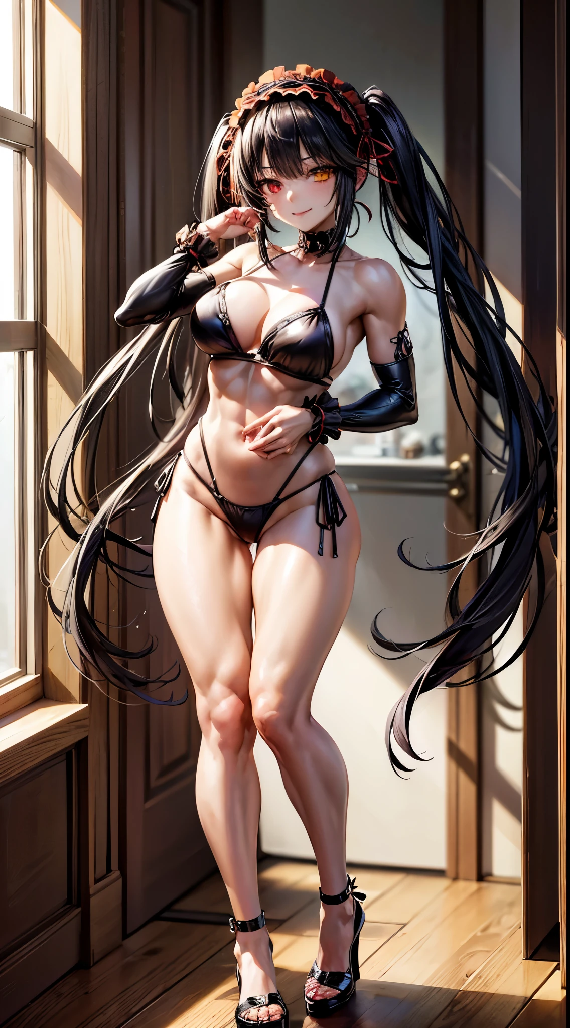1 girl, bare shoulders, black hair, medium breasts, muscular legs, muscular belly, wide hips, thin waist, (((clock eyes))), wearing a very short and sexy bikini, finger to mouth, (((in the bedroom hotel))), full body, goth, hairband, (standing), heterochromia, index finger raised, black high heel shoes, lolita hairband, long hair, Looking at Viewer, red eyes, smile, alone, symbol-shaped pupils, (Kurumi Tokisaki), twintails, uneven Double tails, yellow eyes, Daggers in hands