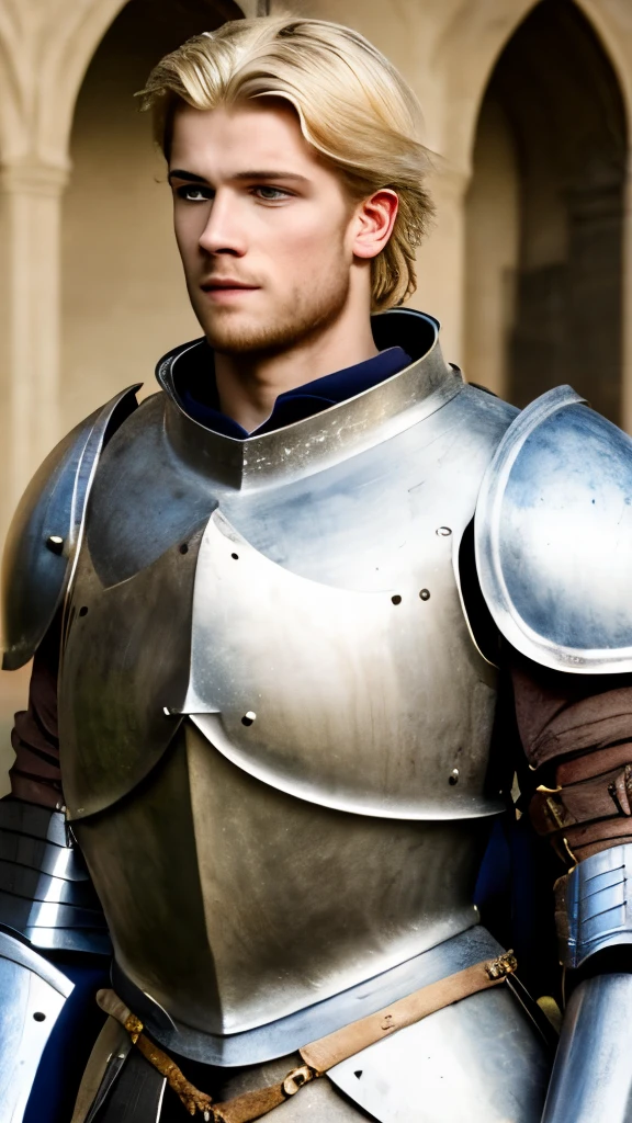 A young man, blond hair, European medieval scene, medieval knight in armor, shirtless, pecs, abs, handsome, attractive boy, European boy, best quality, cinematic, the most handsome boy, strong jaw, harmonious face, focus in the boy, heroic, medieval hero, photo realism, movie scene