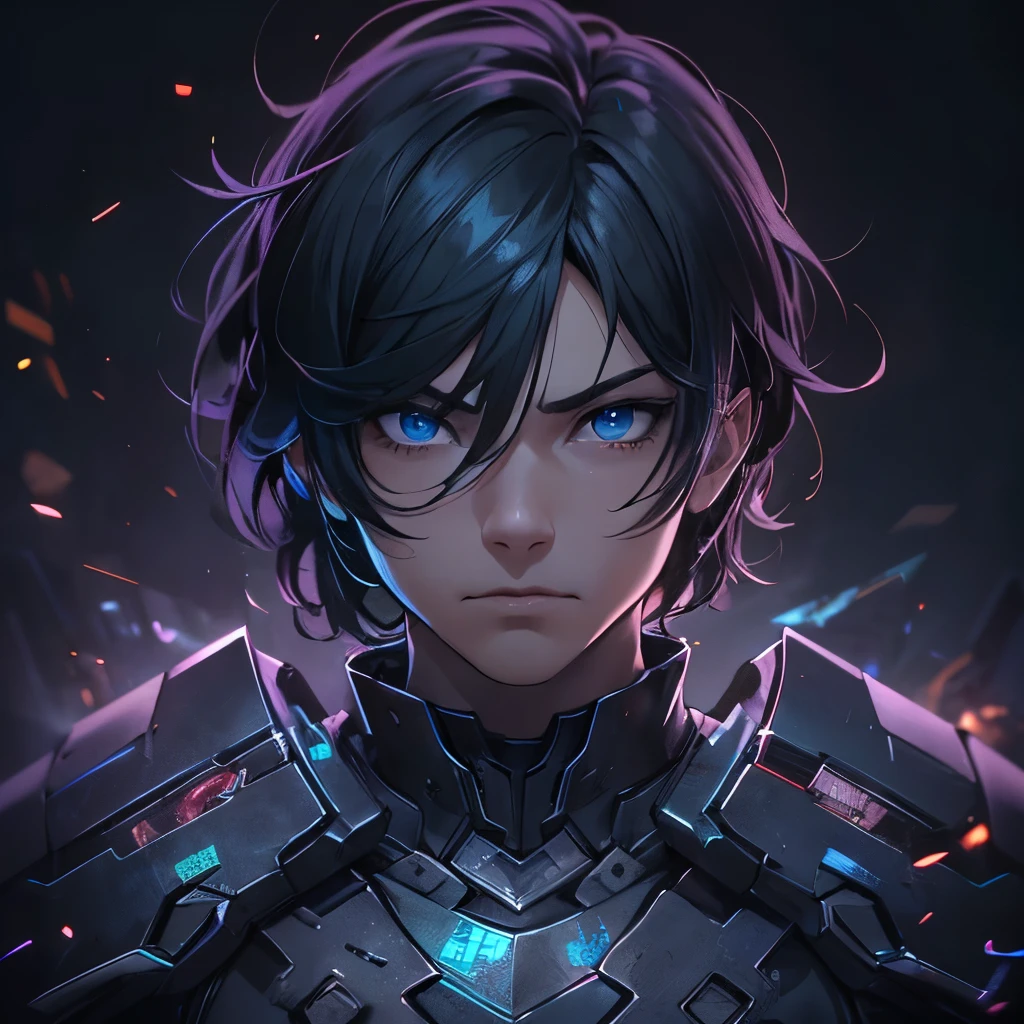 (masterpiece), 8k cg, intricate details, chromatic aberration, ((bust shot)), ((looking at viewer)), 1man, (blue eyes, shaggy black hair, god armor), handsome face, 16 year old, strong face, frown, absurdres, cinematic lighting, dynamic lighting, fantasy, ((dark background, fog))