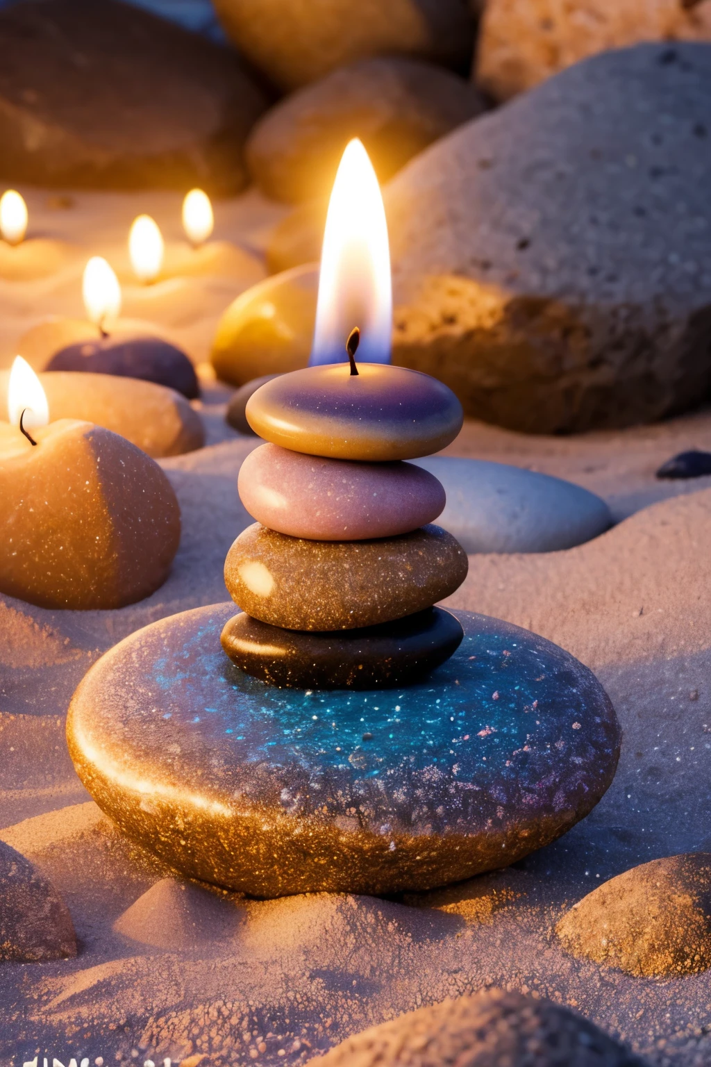 colorful rocks on the sand, dimmy lighting, candles all over, high details, high quality, realistic, sharp focus