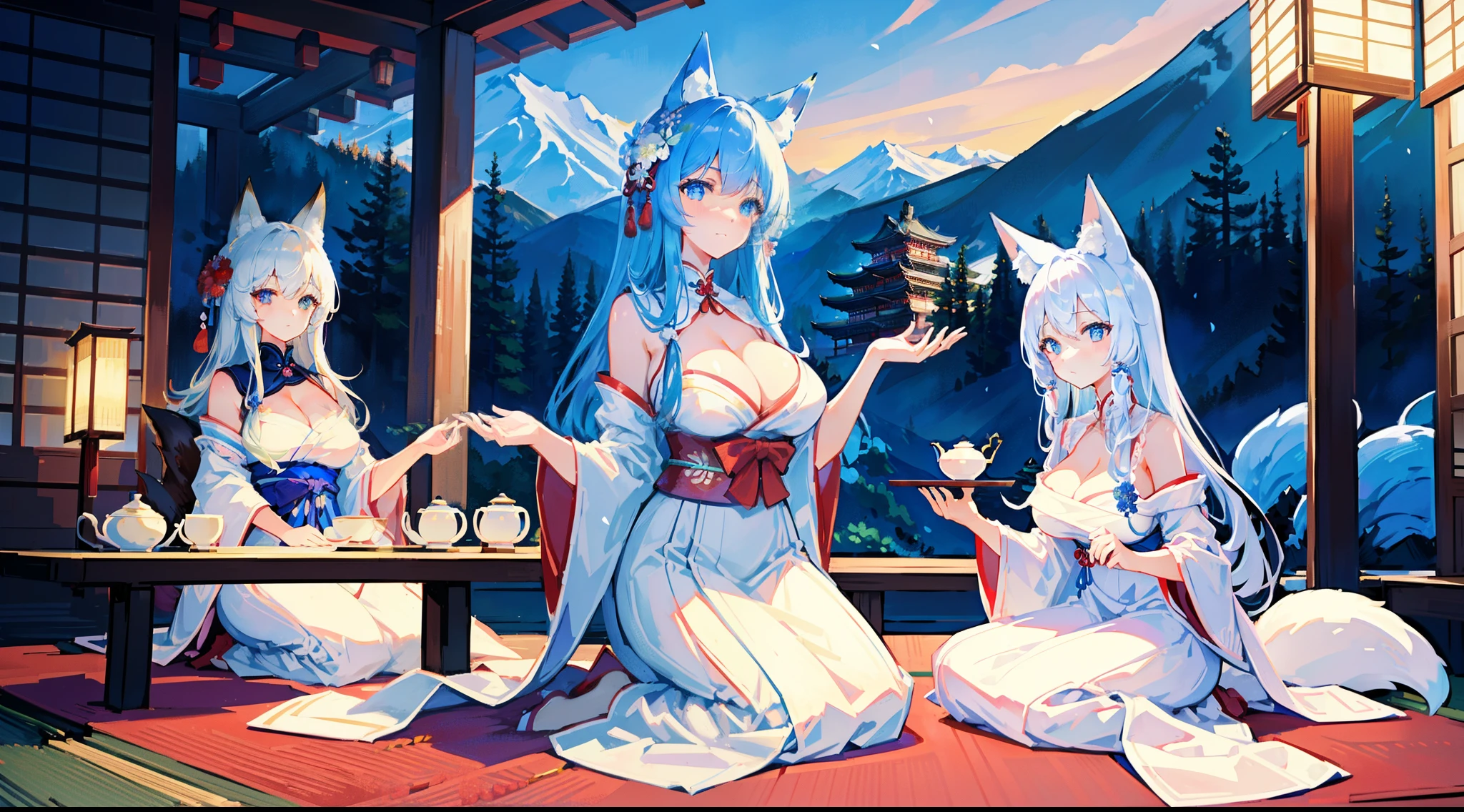 (masterpiece), best quality, expressive eyes, perfect face, luxury japanese style mountain temple background, 3girls, white and blue japanese dress, , massive large breasts, ears, fox ears, sensual, late evening, full body, relaxing, flowers, open air tea ceremony