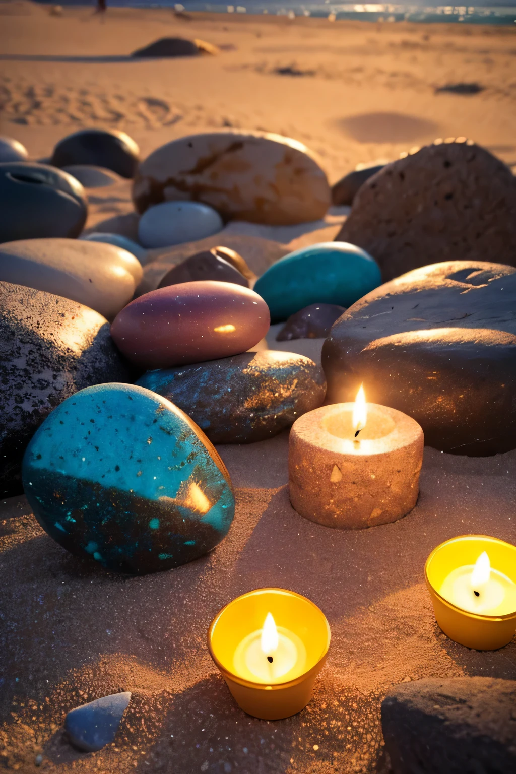 colorful rocks on the sand, dimmy lighting, candles all over, high details, high quality, realistic, sharp focus