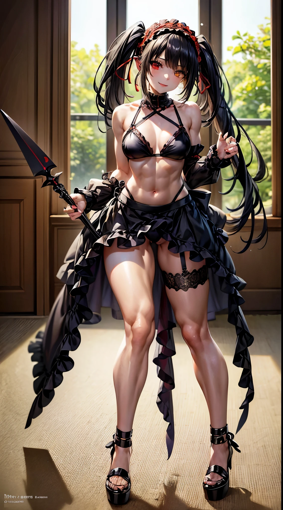 1 girl, bare shoulders, black hair, medium breasts, muscular legs, muscular belly, wide hips, thin waist, (((clock eyes))), wearing a very short and sexy bikini, finger to mouth, (((in the bedroom hotel))), full body, goth, hairband, (standing), heterochromia, index finger raised, black high heel shoes, lolita hairband, long hair, Looking at Viewer, red eyes, smile, alone, symbol-shaped pupils, (Kurumi Tokisaki), twintails, uneven Double tails, yellow eyes, Daggers in hands