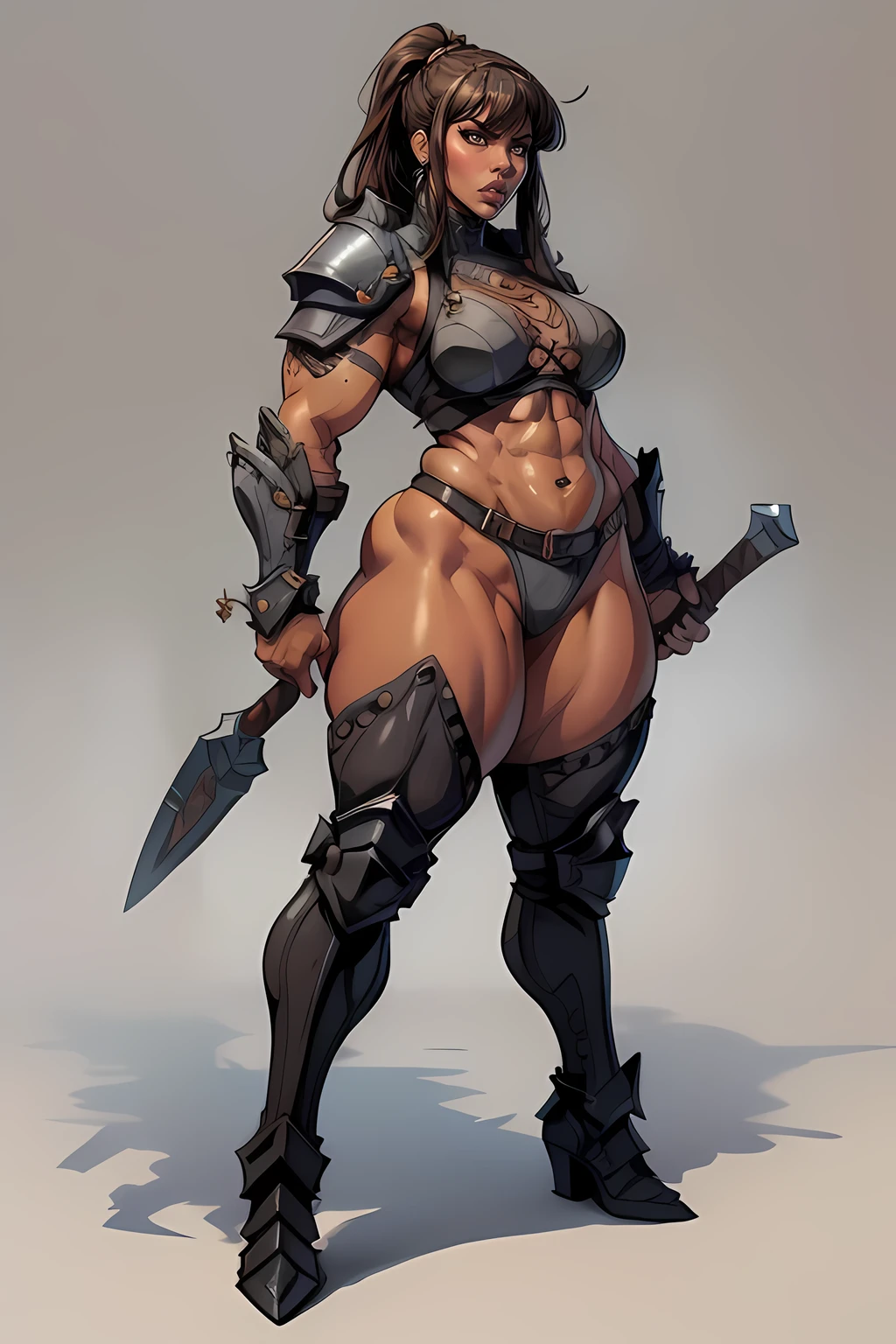 best quality, 4k, masterpiece, a 2D illustration of a (((tall))) barbarian woman with (((dark skin))) she is covered with (full body tattoo) from neck to toe, she has a ((muscular)) (((chubby physique))) with well-defined muscular legs and ((small breasts)), huge muscles, her muscular shoulders are exposed through her ((((full body barbarian armor)))), boots gauntlets straps metal armor, (((fighting pose))), ready for war, fierce and strong, her long flowing hair with bangs goes down to her back and is blowing in the wind, her skin is shiny and oily, ((grey background)) (character concept) trending on artstation (solo) (full body)
