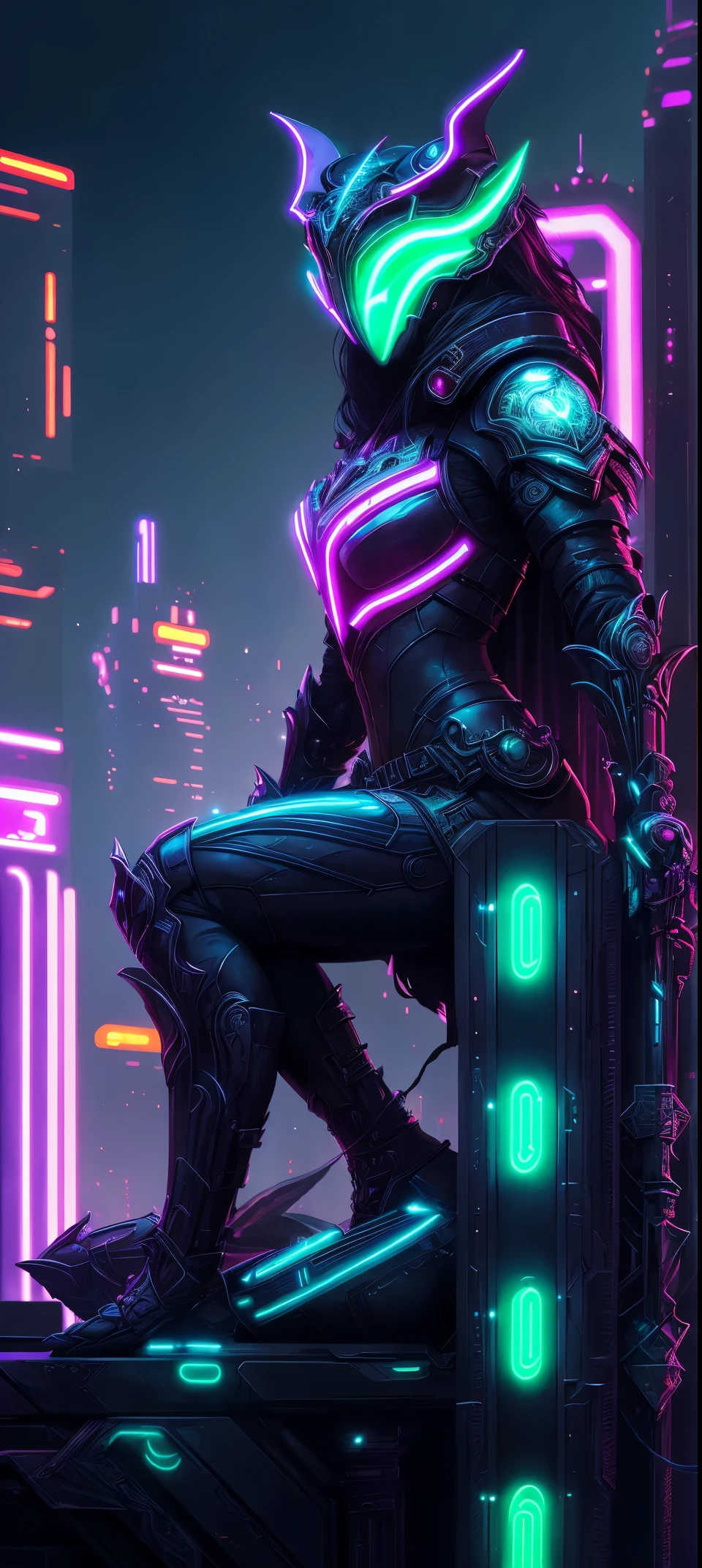 Meniscus,epic fantasy digital art style, and Mumford Tom Bagshaw., dark fantasy style art, Epic fantasy art style,, dark fantasy art style, Epic fantasy art style HD, dark fantasy digital art,"artistic image type: {Perched on top of cybernetics dragons, Masked woman investigates the vast cyber metropolis below. masks, Incorporate neon lights, Compare her technologically enhanced body, Embedded LEDs and retractable technology weapons shine. In a striking pose, She seems ready for action, A fusion of ancient legends and visions of the future}, Excellent location,Features city views, (Vibrant neon lights:1.5), (digitial painting:1.25), (4K:1.2). enviroment: panoramic view of a city,Bats fly across the skyline."