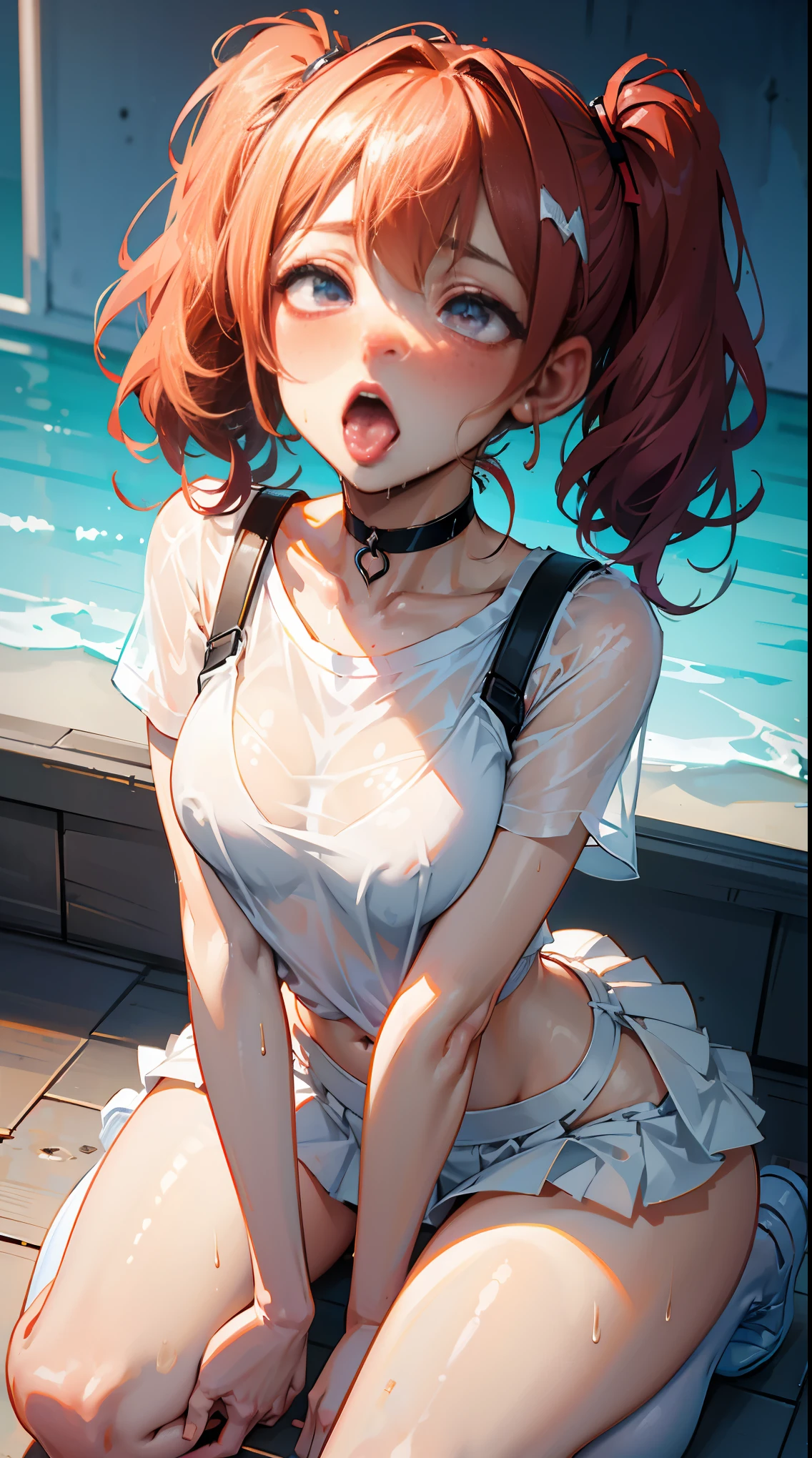 (masterpiece, best quality) (((8kbestqualitty))), ((intricatedetail)) ((blushing)),21 year old girl, mature body, wet, sweaty, fair skin, redhead hair, short wavy hair, waifu freckles, ((submissive eyes)),choker, slutty woman nsfw outfit, ((messy hair)), short skirt, fishnet thighs, wet shirt, beautiful outfit, see through material, linen clothes, posing, kneeling, thick thighs, wet clothes, see through clothes, stockings, ((( diminutive waist))), birds eye view, pov, high angle, sideviewblowjob,pig tails, cute blushing face, on her knees, open thighs, hands behind her, ((kneeling)), on her hands and knees, cumshot view, tongue out, mouth open, ahegao, sexy ahegao eyes,
