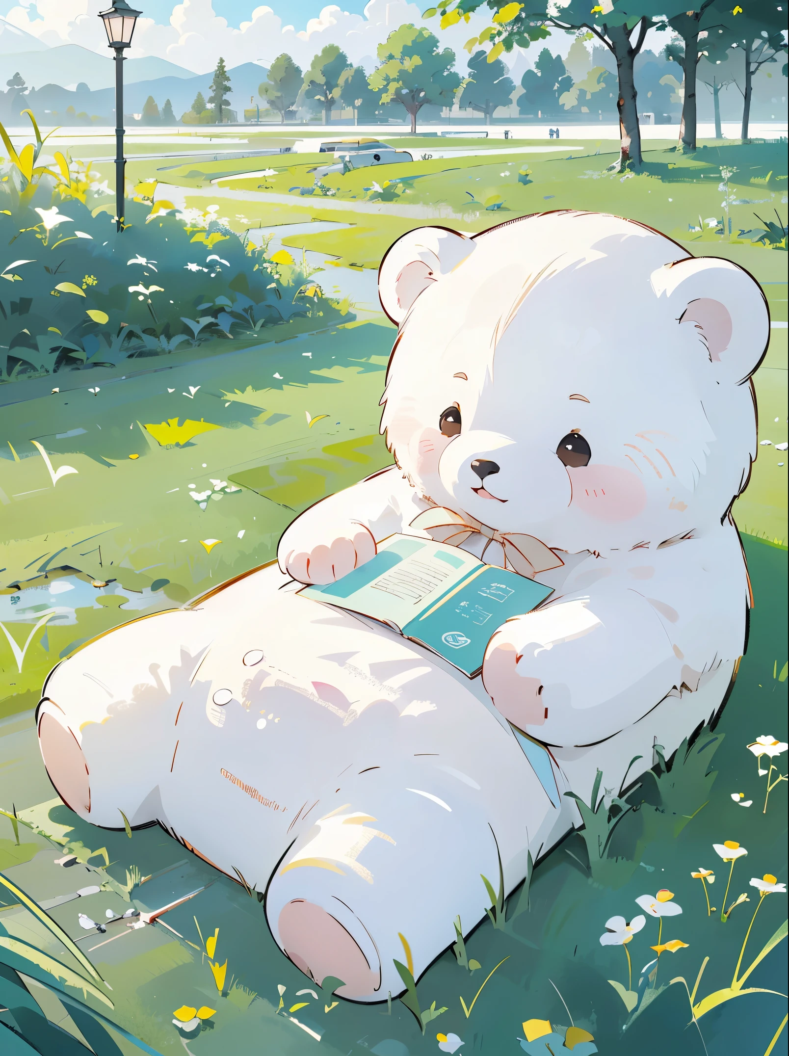 ((several white bears))，(Play in the fields, ricefield，cute white bear, cute girls), Ghibli background style, Yuru Chara style，cute storybook illustration, , gentlesoftlighting, cream, Giorgio Morandi Colors, thick line graph, full-colour illustration, forest picnic, cover illustration, scenecy，trucks，grassy fields，grassy，a plant，dabai style, (lamplight:1.0)，tmasterpiece，Best quality at best,