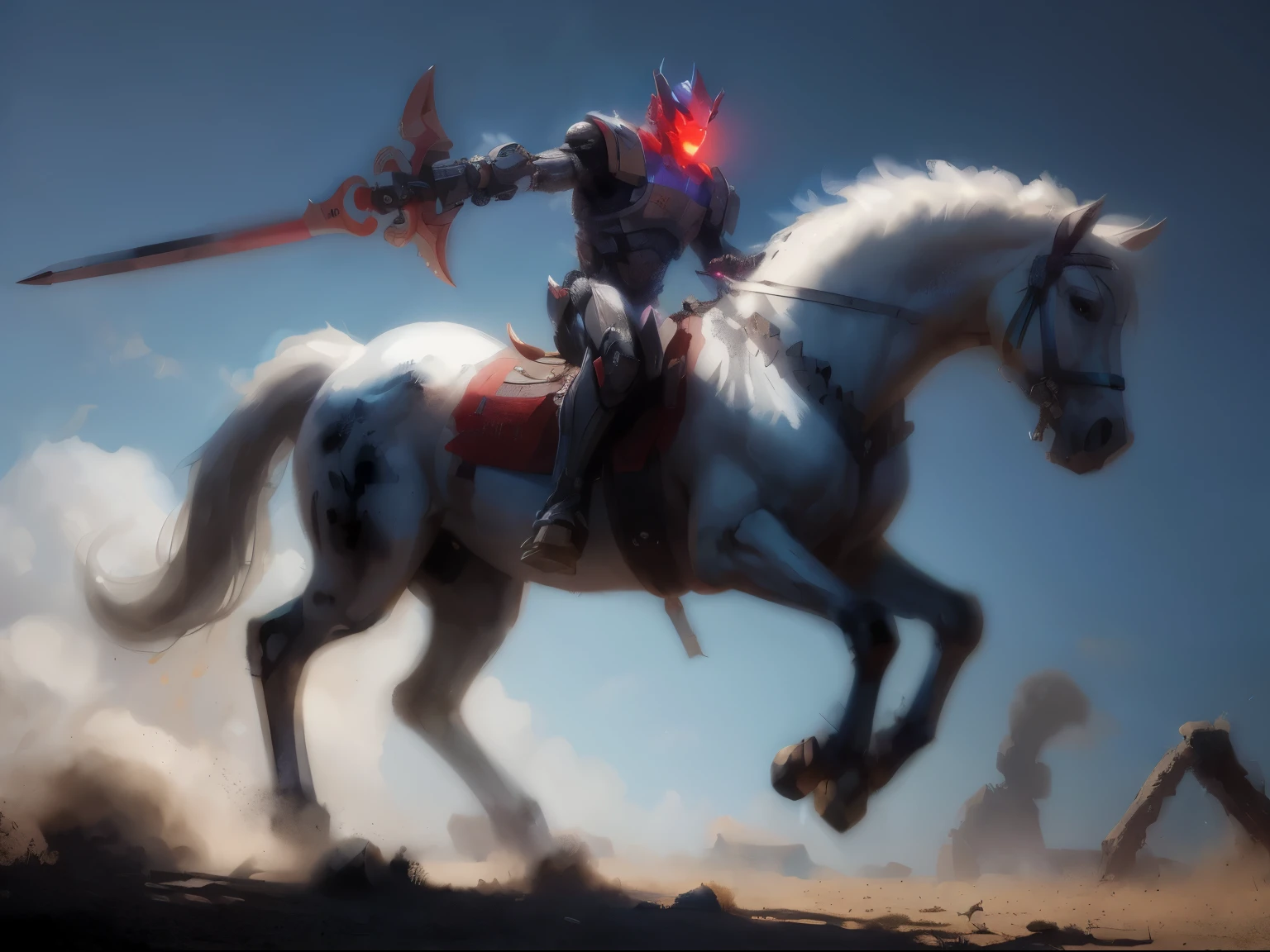Dark_Fantasy, ciberpunk, (Fang Tian Halberd Painting, White Horse, Red: 1.1), 1 male, Mechanical marvel, The existence of a robot, The Guardian of Cybernetics, beautiody