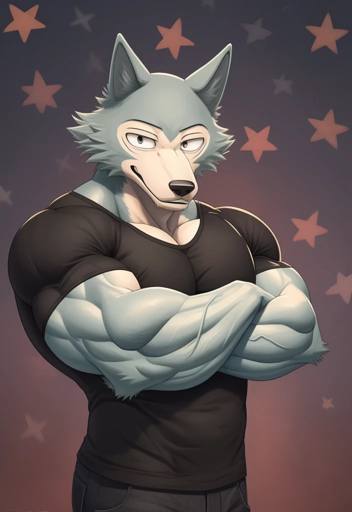 Legoshi, Beastars, muscular, bodybuilder, athletic, wolf, anthro, large pectorals, veiny muscles, huge muscles, slim waist, tight black t-shirt, grey jeans, crossed arms, smiling, star pattern background, looking at viewer